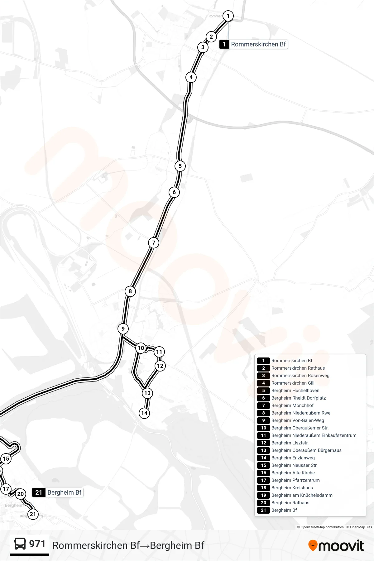 Linie 971 (Bus) Richtung Rommerskirchen Bf→Bergheim Bf: Route und Haltestellen auf der Karte