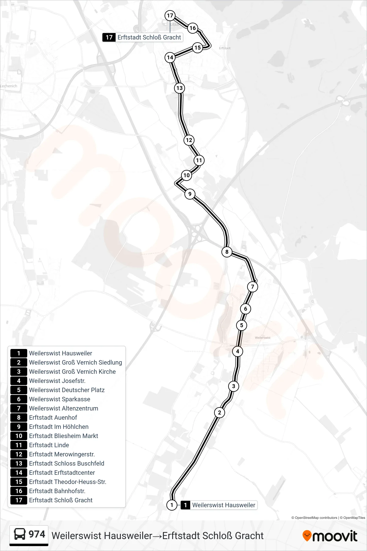 Linie 974 (Bus) Richtung Weilerswist Hausweiler‎→Erftstadt Schloß Gracht: Route und Haltestellen auf der Karte