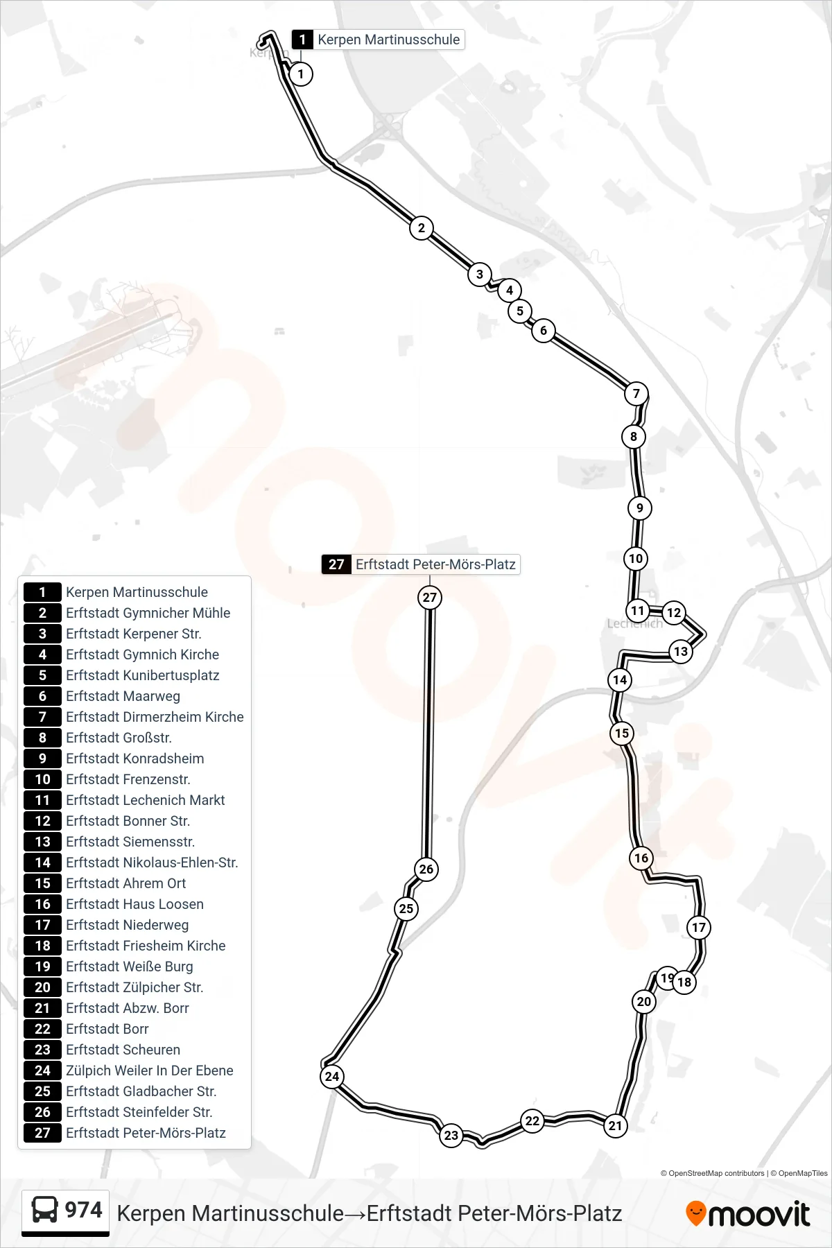 Linie 974 (Bus) Richtung Kerpen Martinusschule→Erftstadt Peter-Mörs-Platz: Route und Haltestellen auf der Karte
