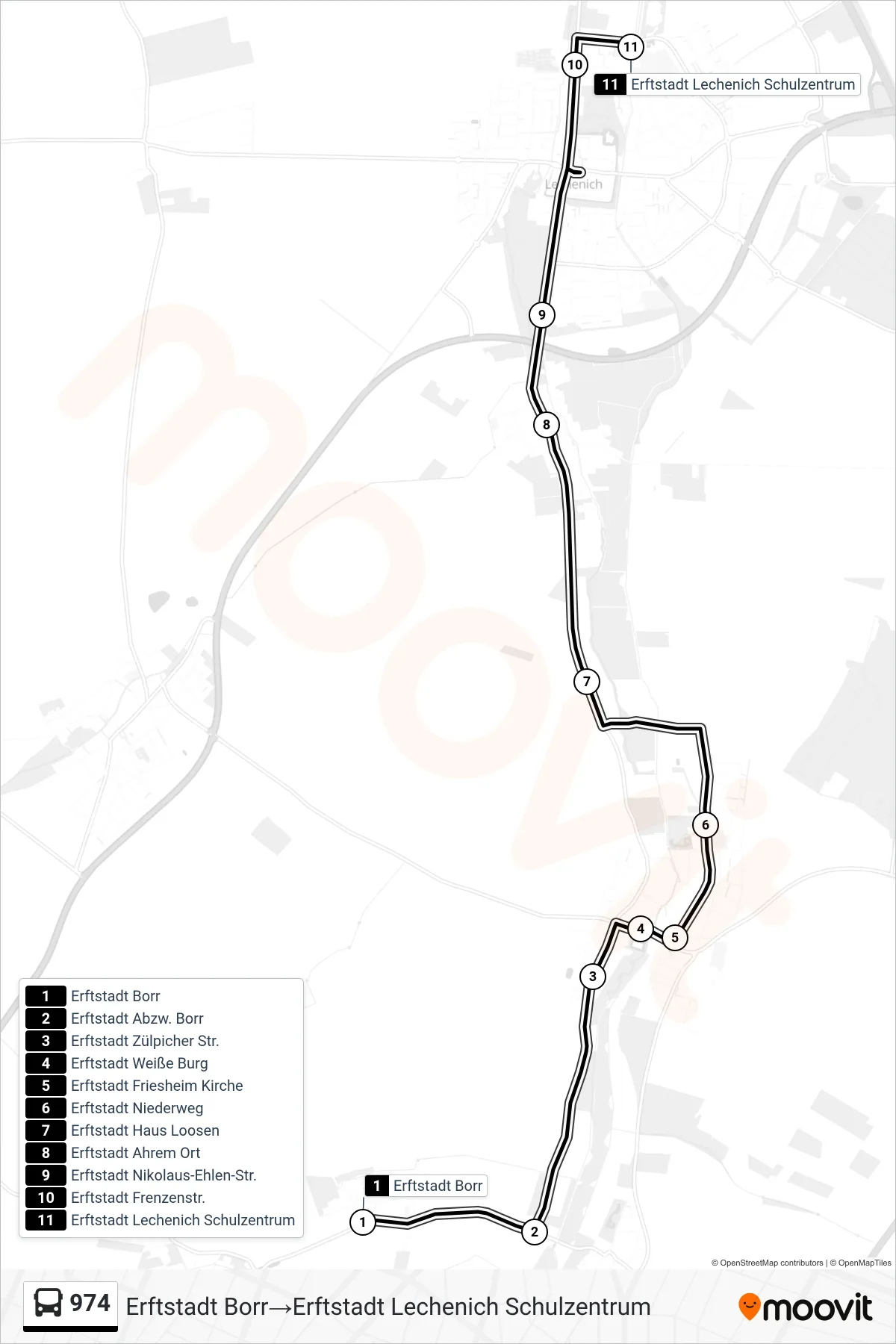 Linie 974 (Bus) Richtung Erftstadt Borr→Erftstadt Lechenich Schulzentrum: Route und Haltestellen auf der Karte