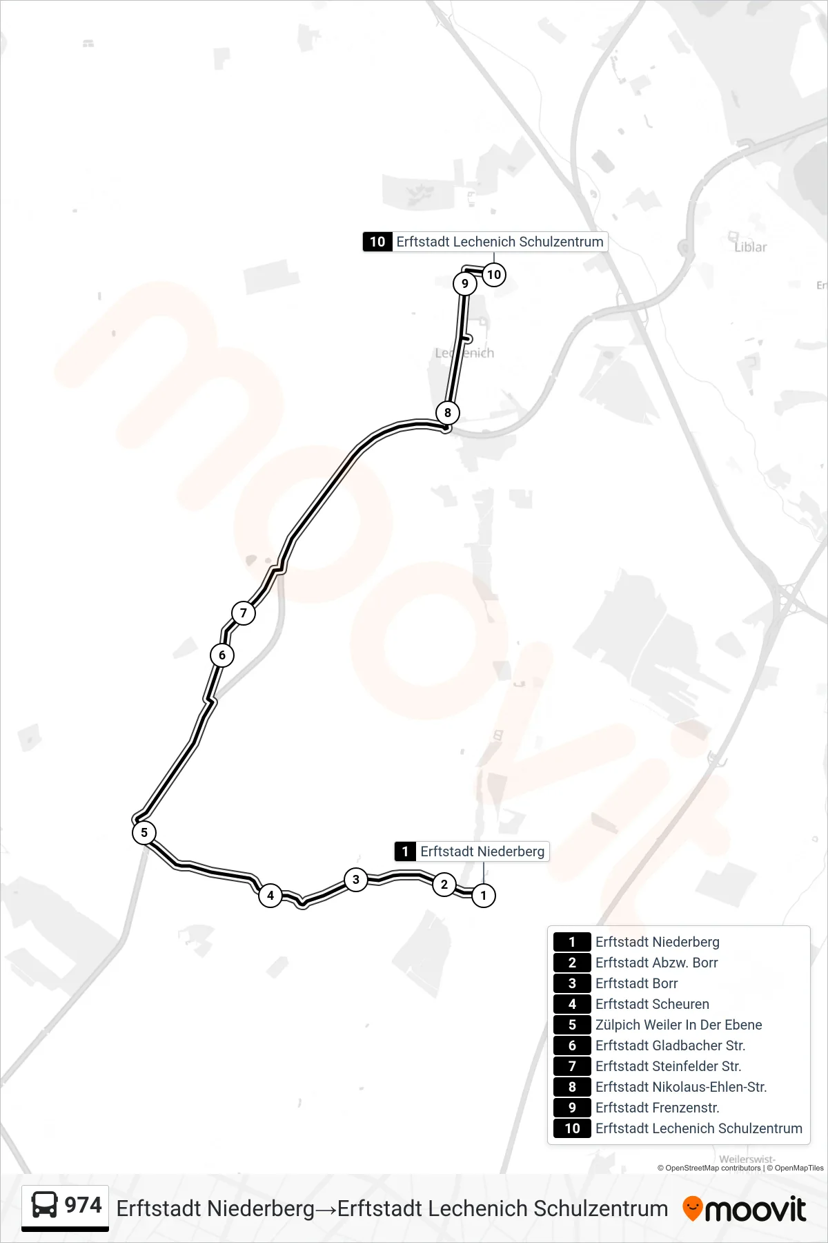 Linie 974 (Bus) Richtung Erftstadt Niederberg→Erftstadt Lechenich Schulzentrum: Route und Haltestellen auf der Karte