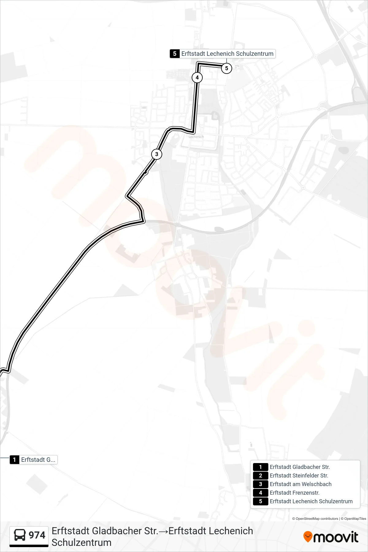 Linie 974 (Bus) Richtung Erftstadt Gladbacher Str.‎→Erftstadt Lechenich Schulzentrum: Route und Haltestellen auf der Karte