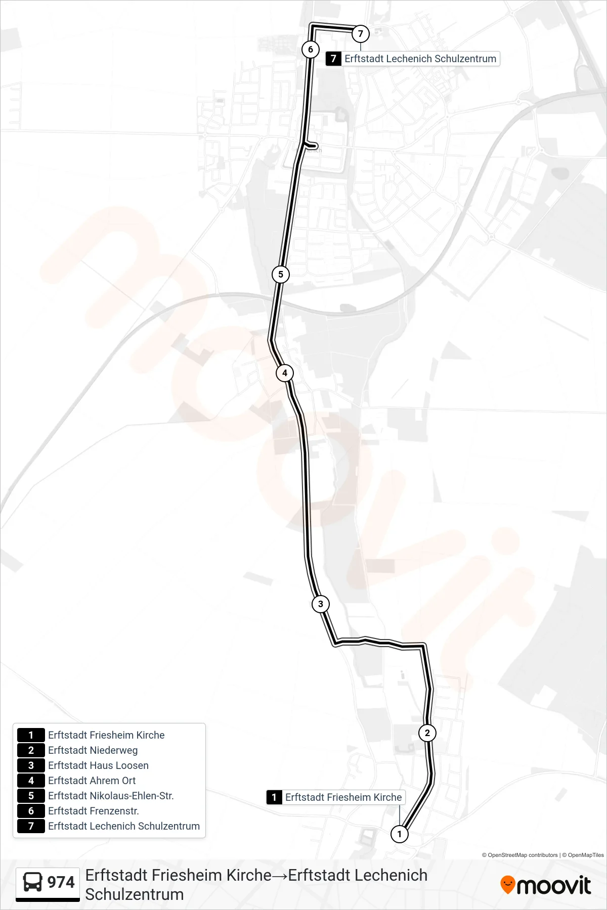 974 bus Line (Erftstadt Friesheim Kirche‎→Erftstadt Lechenich Schulzentrum) route and stops on a map