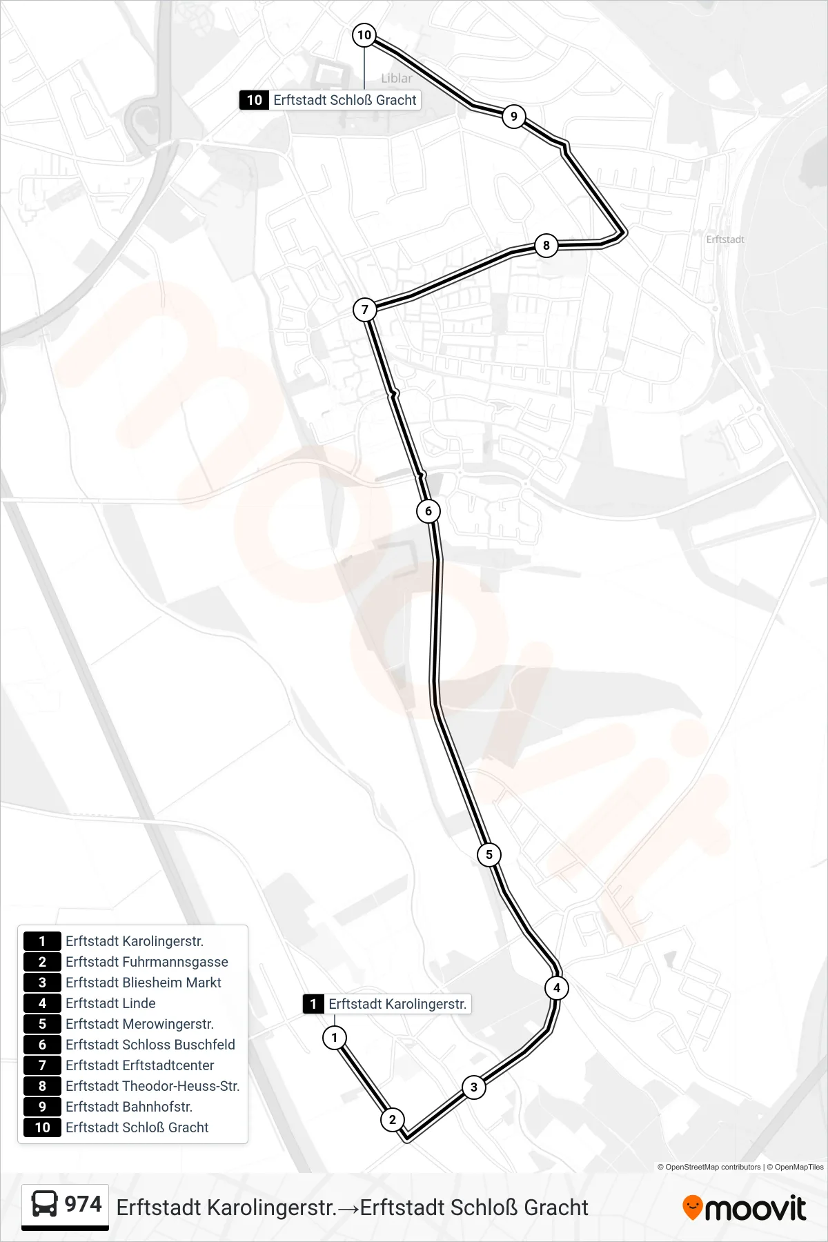 974 bus Line (Erftstadt Karolingerstr.→Erftstadt Schloß Gracht) route and stops on a map