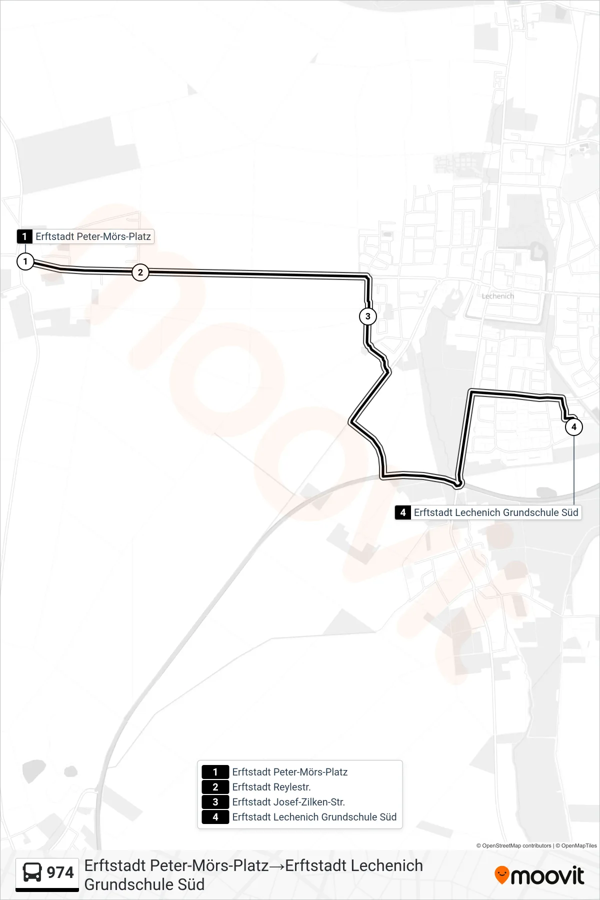 974 bus Line (Erftstadt Peter-Mörs-Platz‎→Erftstadt Lechenich Grundschule Süd) route and stops on a map