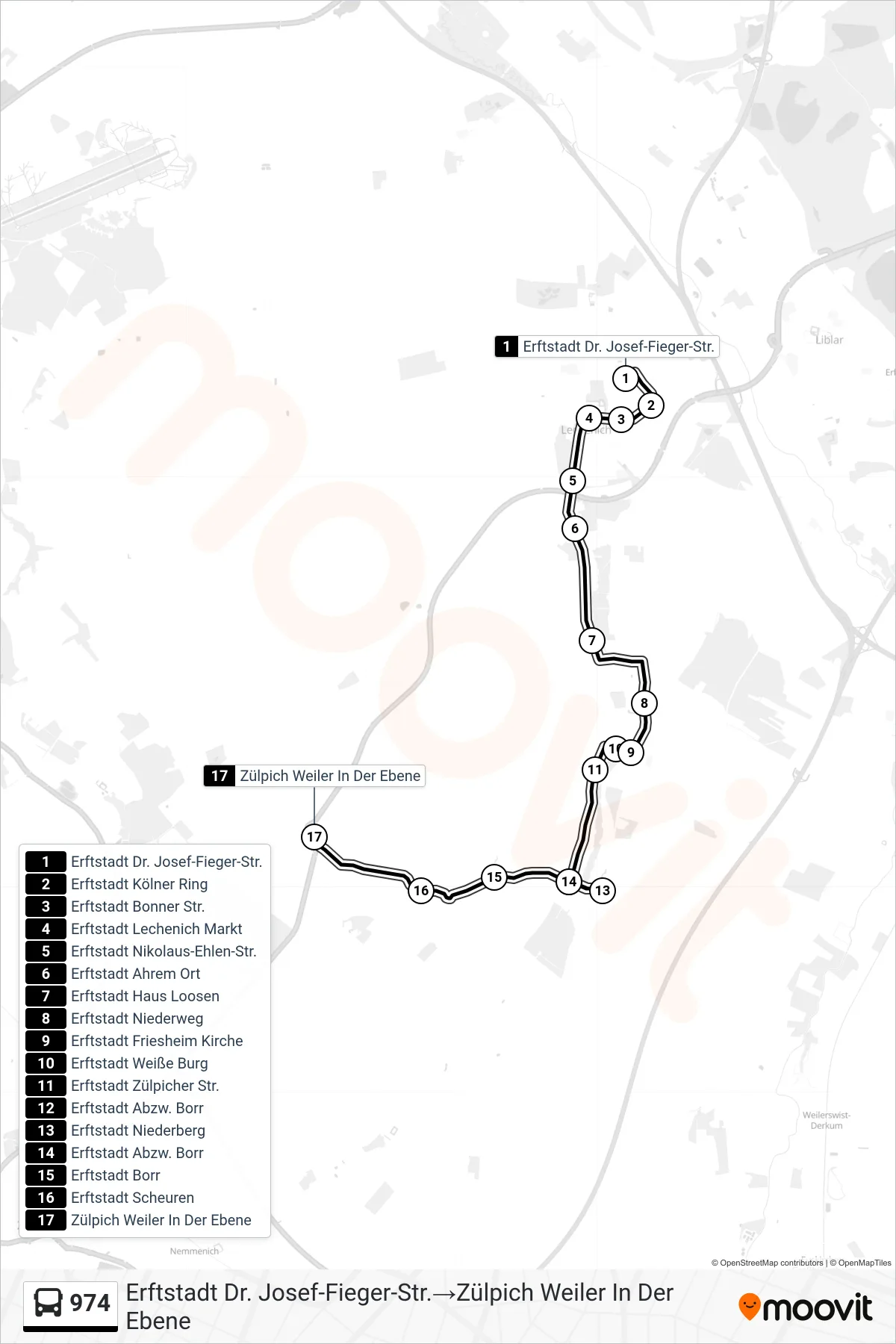 Linie 974 (Bus) Richtung Erftstadt Dr. Josef-Fieger-Str.‎→Zülpich Weiler In Der Ebene: Route und Haltestellen auf der Karte