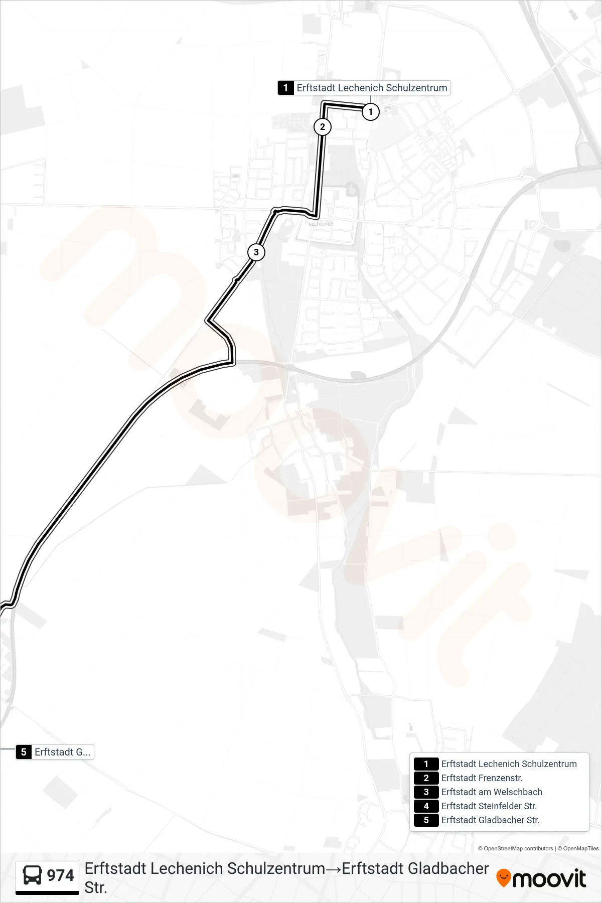 Linie 974 (Bus) Richtung Erftstadt Lechenich Schulzentrum‎→Erftstadt Gladbacher Str.: Route und Haltestellen auf der Karte