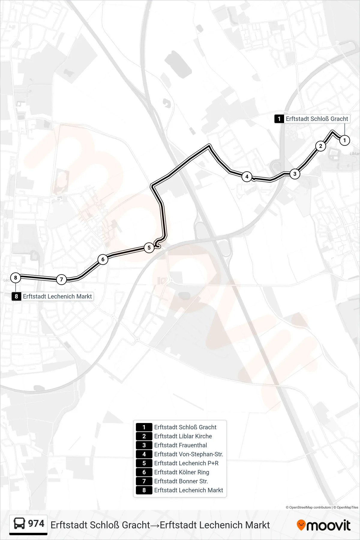 Linie 974 (Bus) Richtung Erftstadt Schloß Gracht→Erftstadt Lechenich Markt: Route und Haltestellen auf der Karte