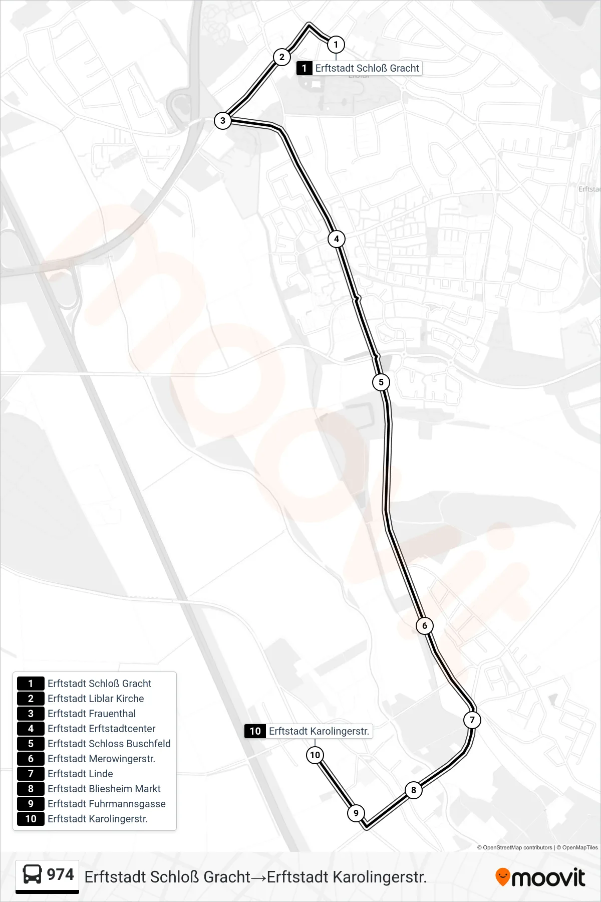 Linie 974 (Bus) Richtung Erftstadt Schloß Gracht→Erftstadt Karolingerstr.: Route und Haltestellen auf der Karte