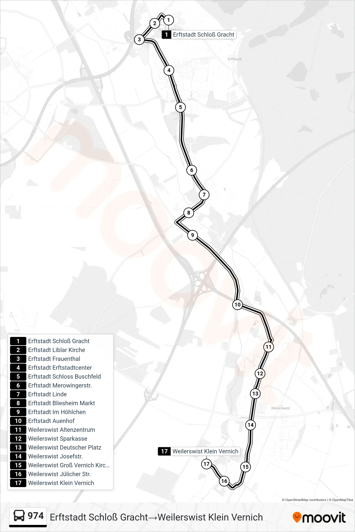 Linie 974 (Bus) Richtung Erftstadt Schloß Gracht→Weilerswist Klein Vernich: Route und Haltestellen auf der Karte