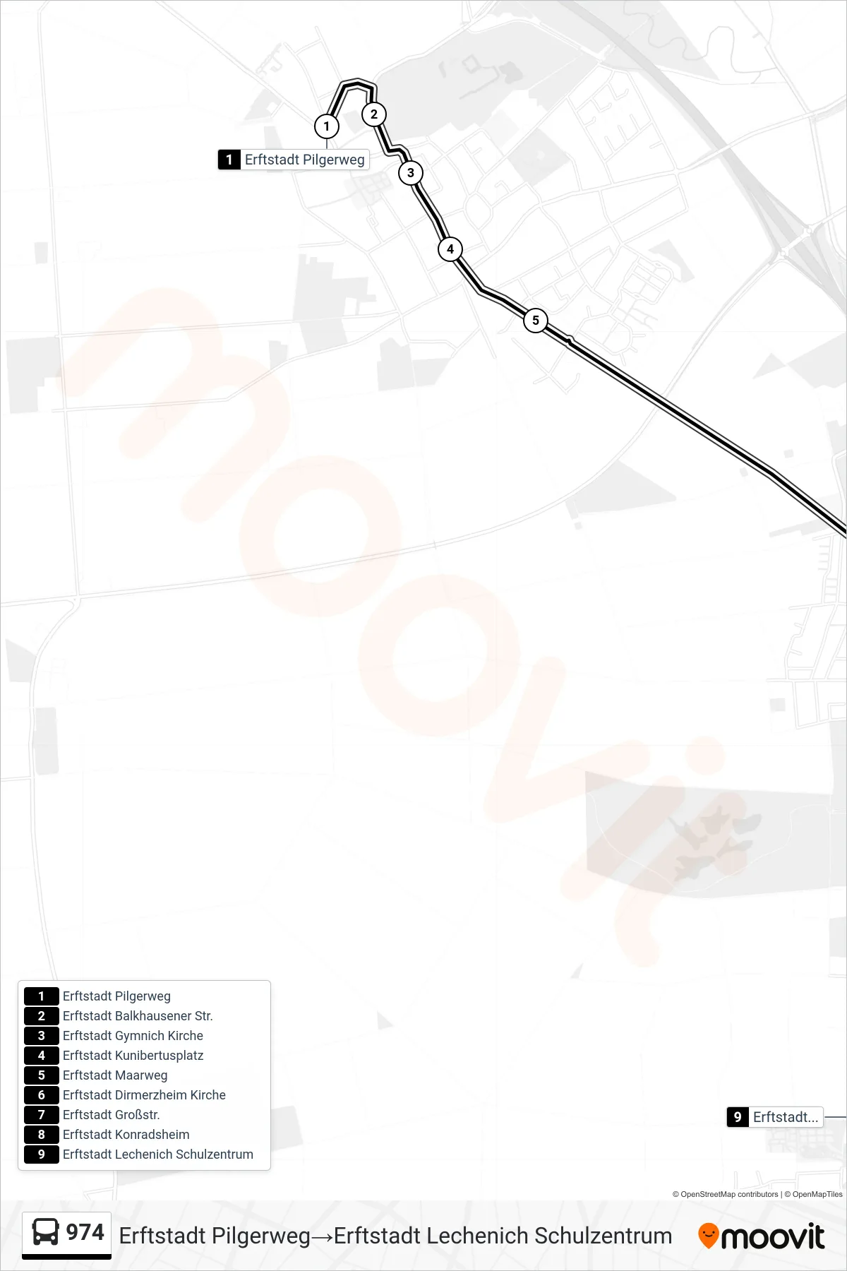 Linie 974 (Bus) Richtung Erftstadt Pilgerweg→Erftstadt Lechenich Schulzentrum: Route und Haltestellen auf der Karte