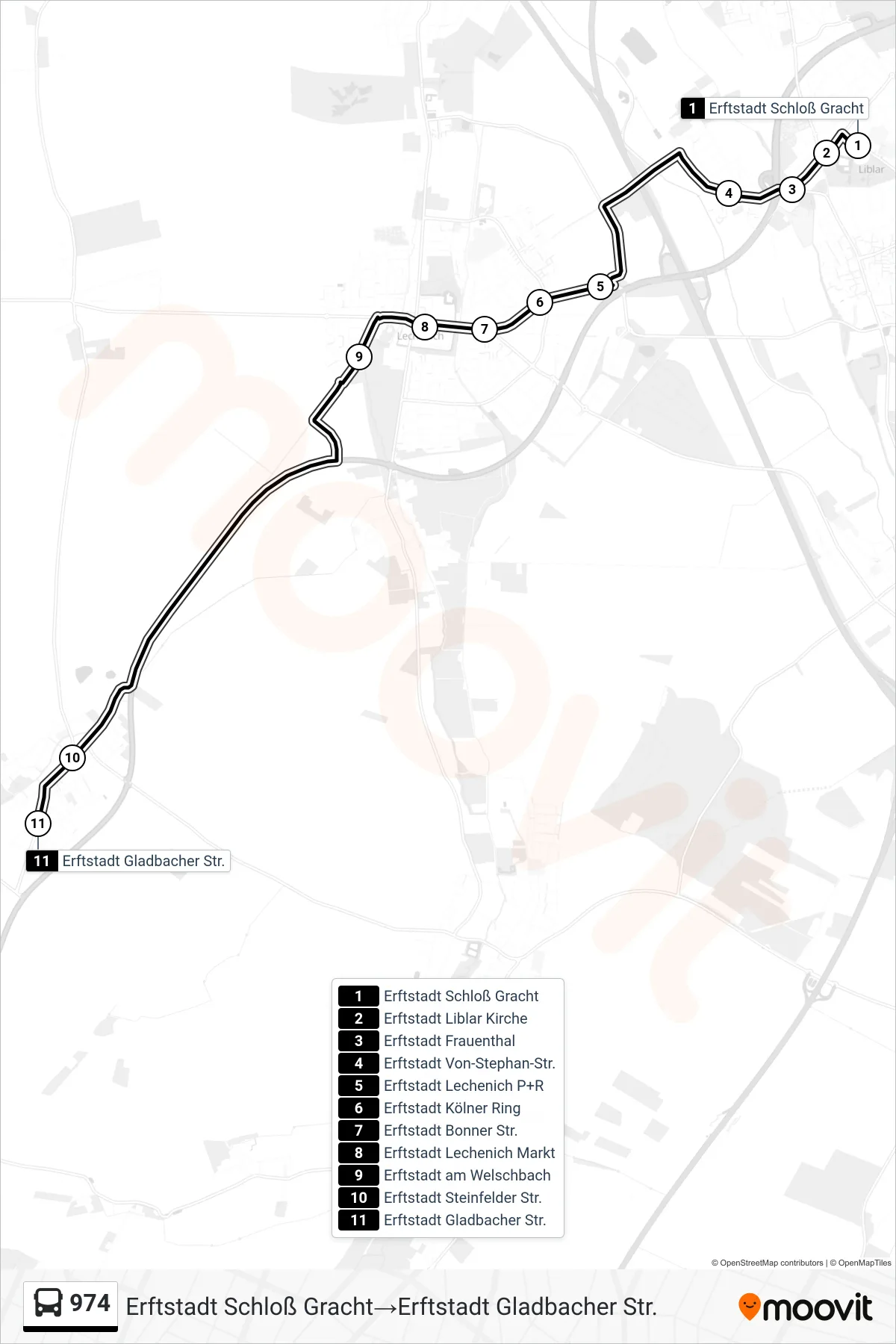 974 bus Line (Erftstadt Schloß Gracht→Erftstadt Gladbacher Str.) route and stops on a map