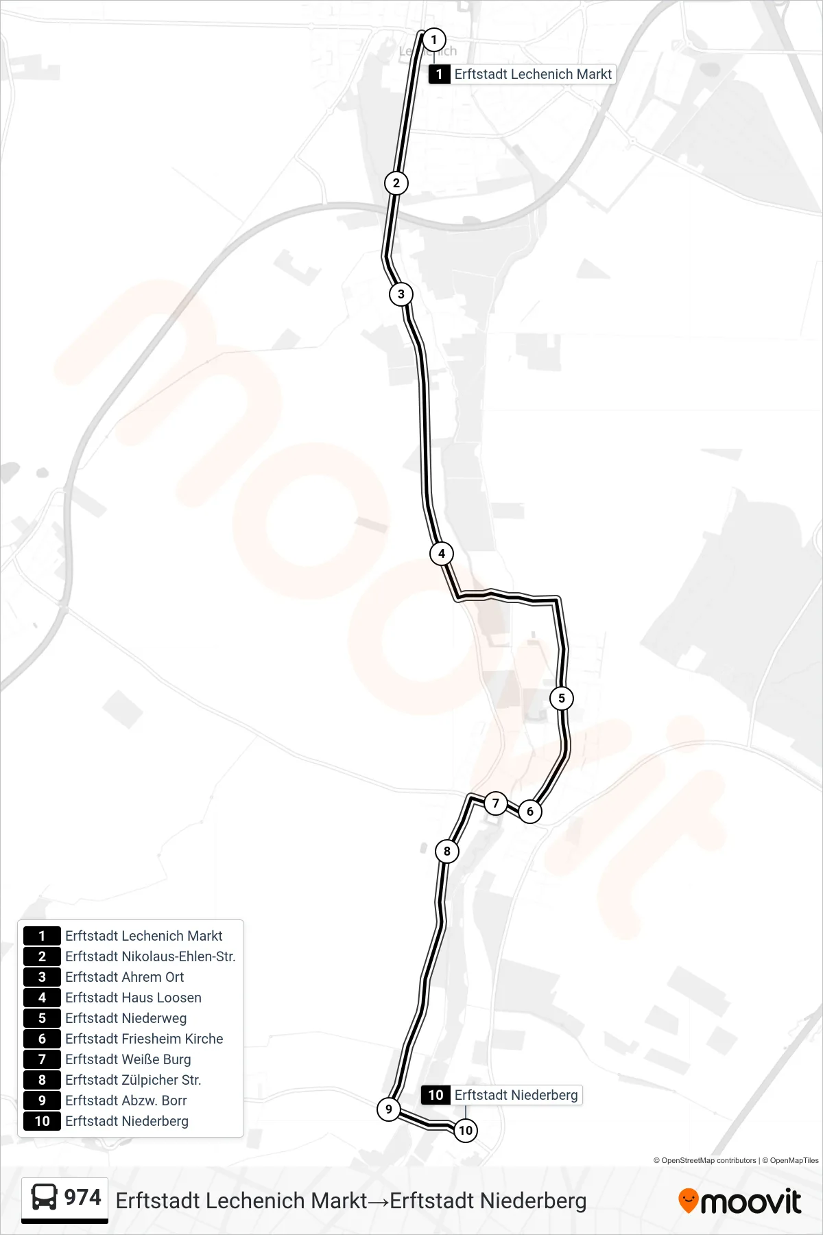 974 bus Line (Erftstadt Lechenich Markt→Erftstadt Niederberg) route and stops on a map