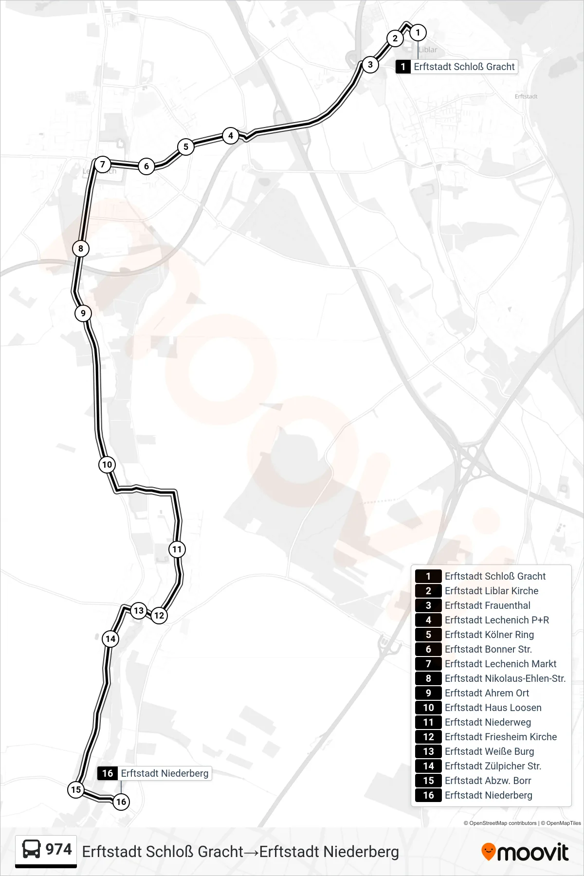 Linie 974 (Bus) Richtung Erftstadt Schloß Gracht‎→Erftstadt Niederberg: Route und Haltestellen auf der Karte