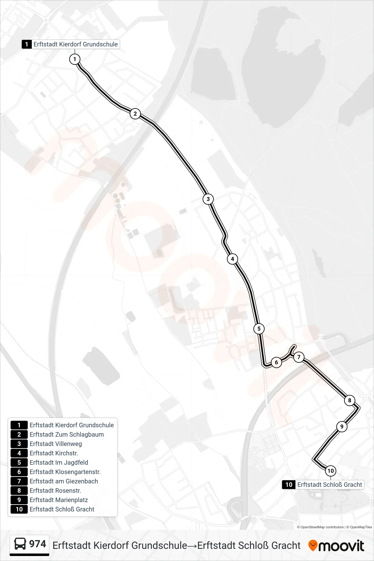 Linie 974 (Bus) Richtung Erftstadt Kierdorf Grundschule‎→Erftstadt Schloß Gracht: Route und Haltestellen auf der Karte