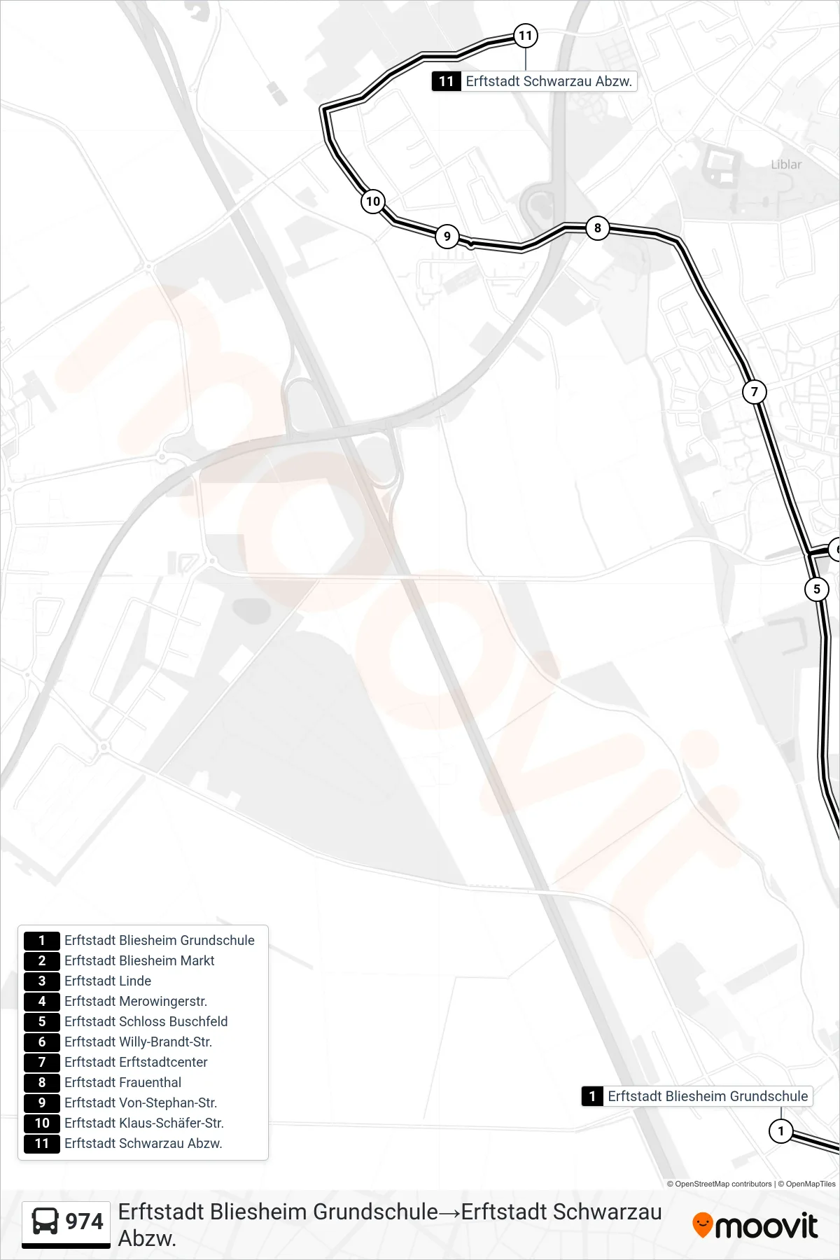 Linie 974 (Bus) Richtung Erftstadt Bliesheim Grundschule→Erftstadt Schwarzau Abzw.: Route und Haltestellen auf der Karte