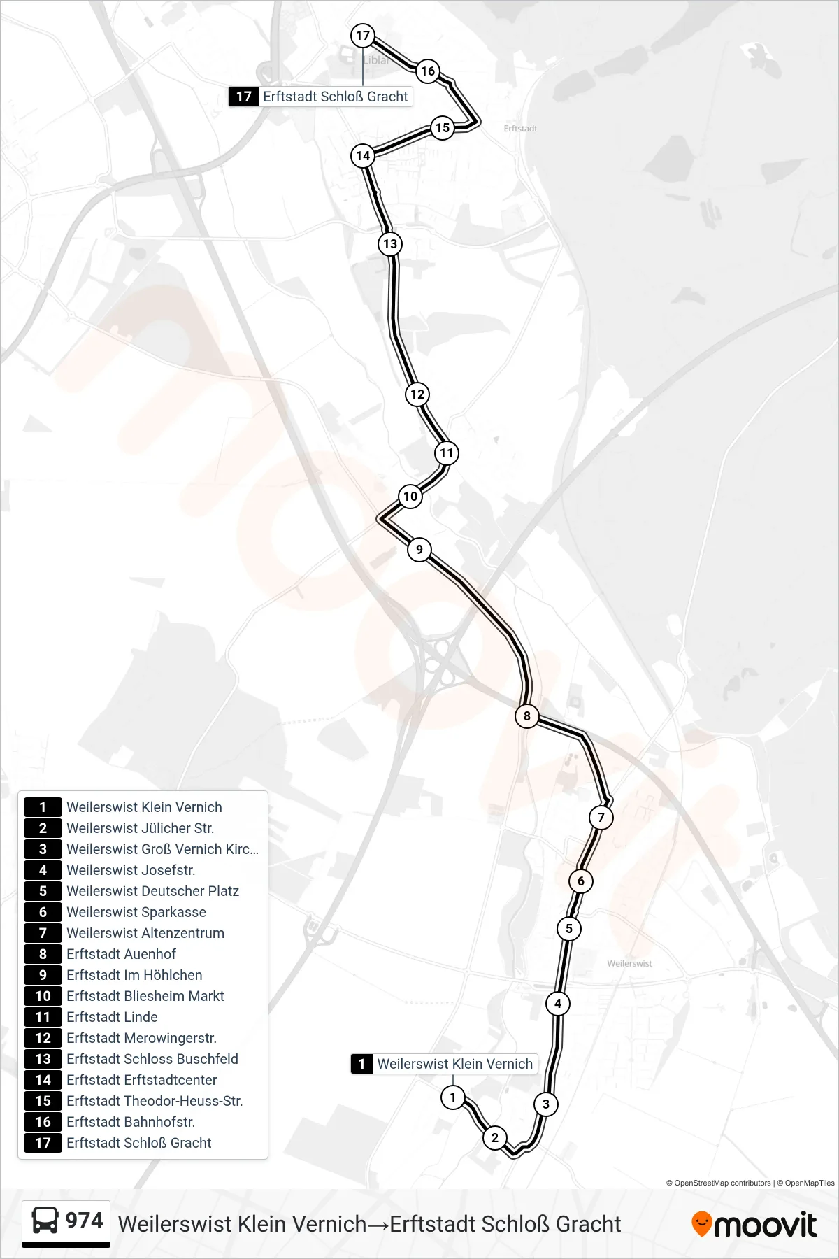 974 bus Line (Weilerswist Klein Vernich→Erftstadt Schloß Gracht) route and stops on a map