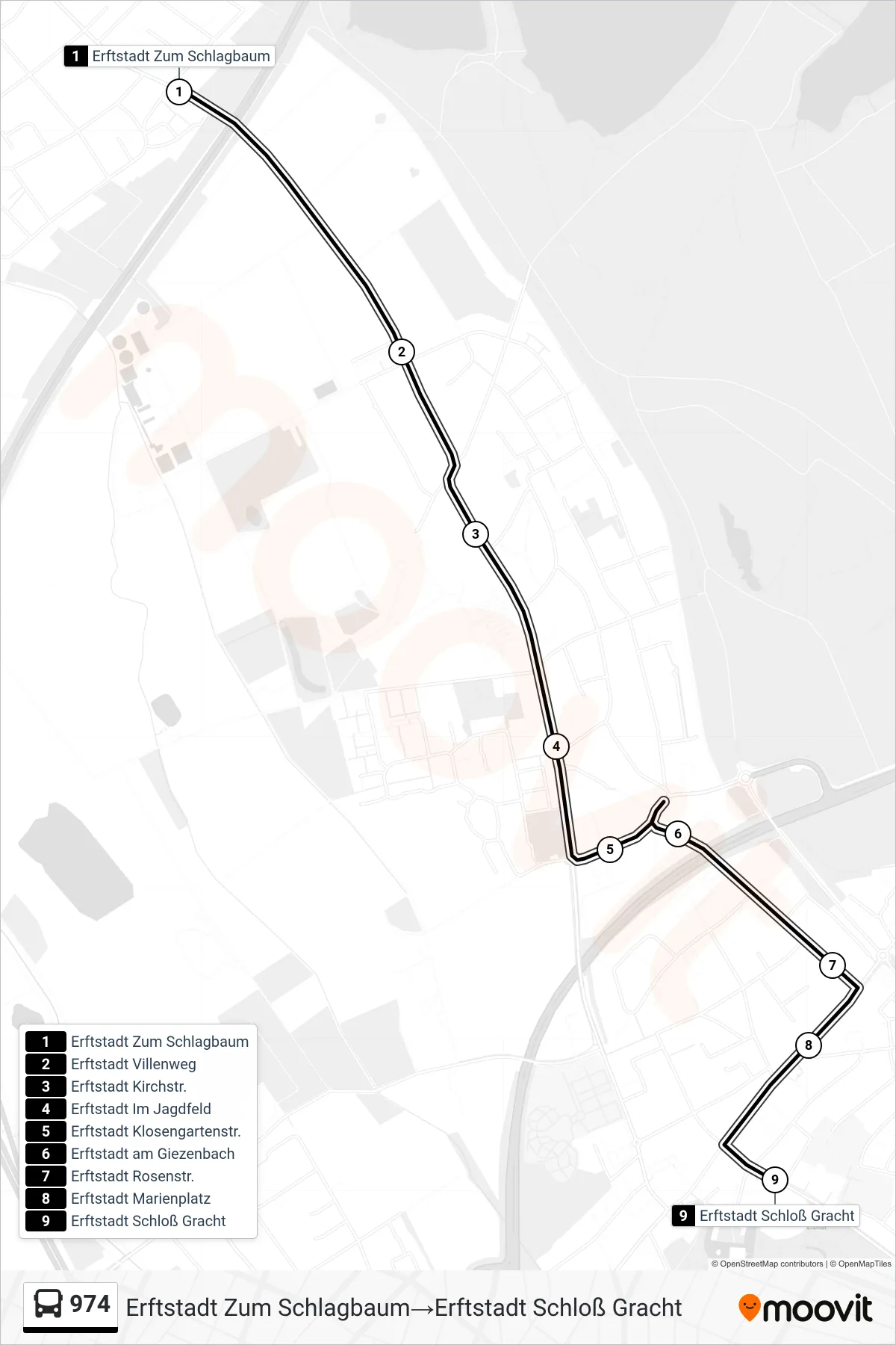 Linie 974 (Bus) Richtung Erftstadt Zum Schlagbaum‎→Erftstadt Schloß Gracht: Route und Haltestellen auf der Karte