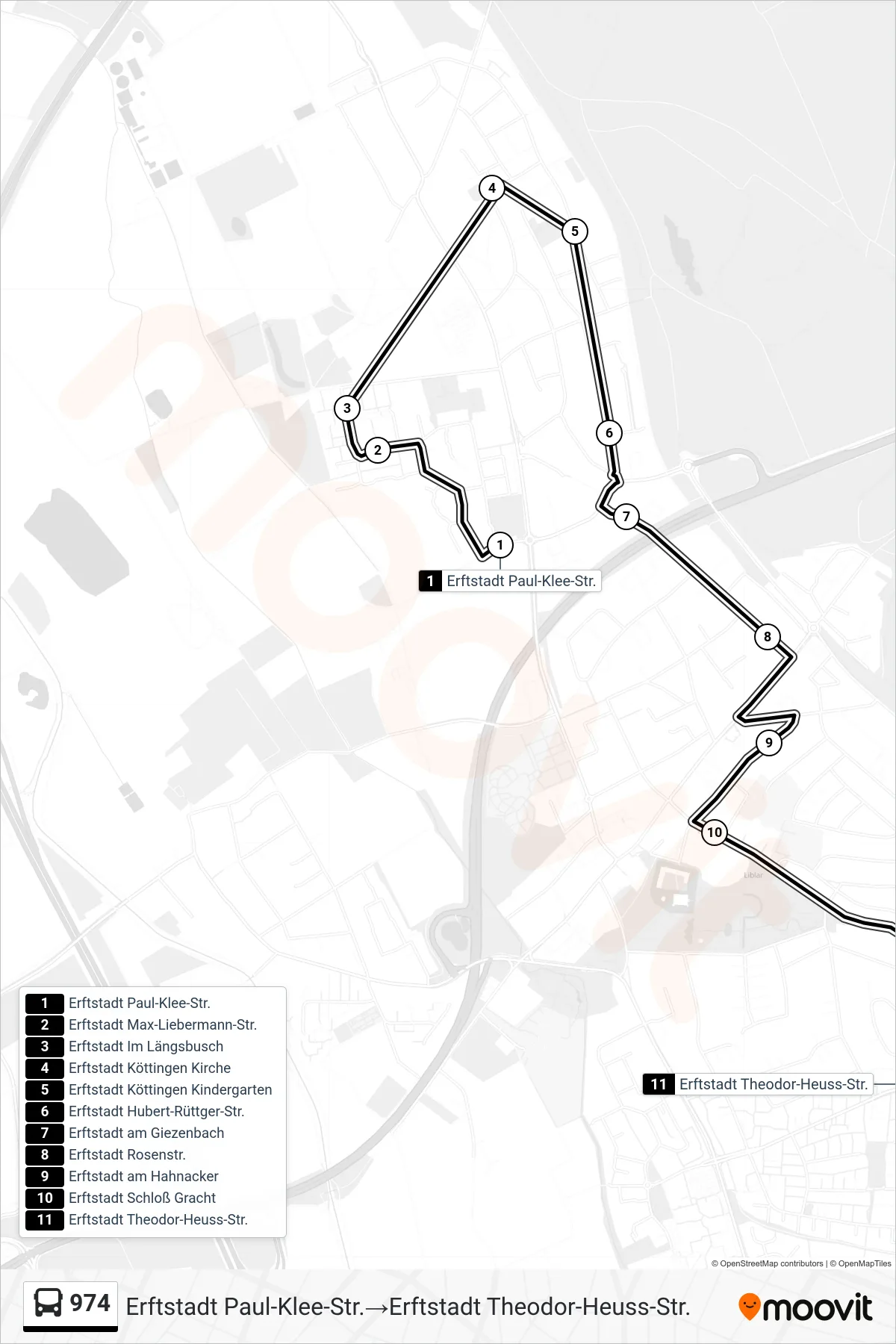 Linie 974 (Bus) Richtung Erftstadt Paul-Klee-Str.→Erftstadt Theodor-Heuss-Str.: Route und Haltestellen auf der Karte