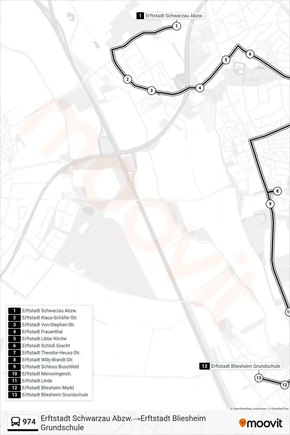 Linie 974 (Bus) Richtung Erftstadt Schwarzau Abzw.‎→Erftstadt Bliesheim Grundschule: Route und Haltestellen auf der Karte