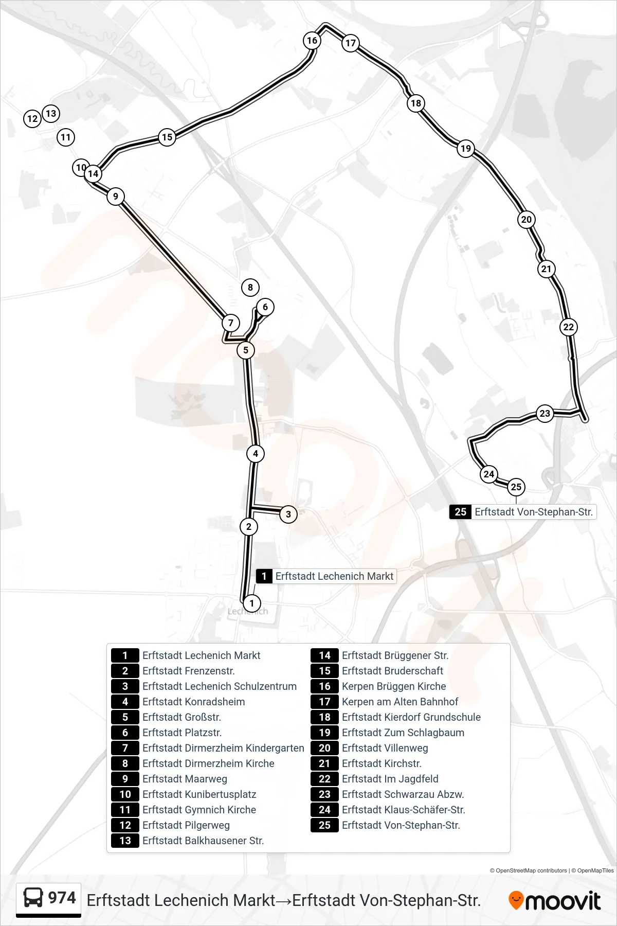 Linie 974 (Bus) Richtung Erftstadt Lechenich Markt‎→Erftstadt Von-Stephan-Str.: Route und Haltestellen auf der Karte