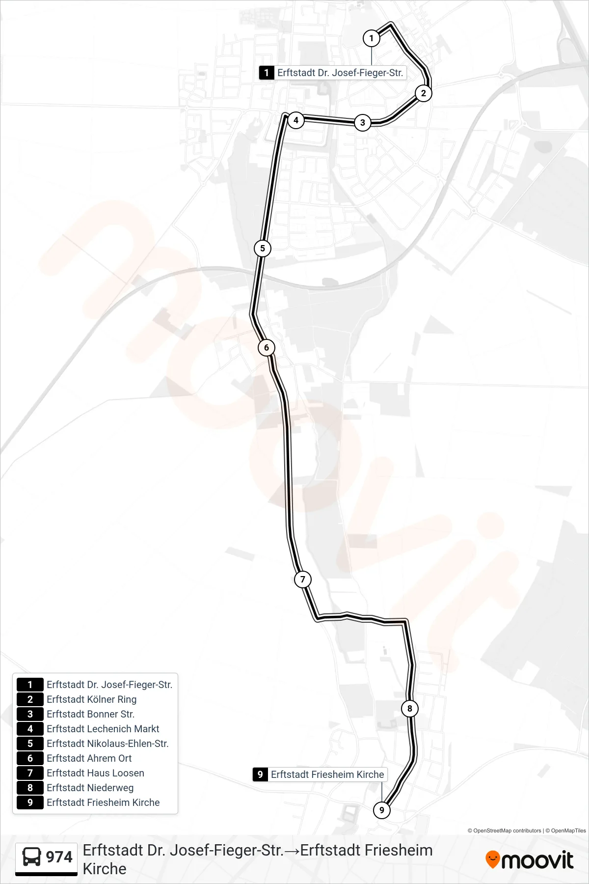 Linie 974 (Bus) Richtung Erftstadt Dr. Josef-Fieger-Str.→Erftstadt Friesheim Kirche: Route und Haltestellen auf der Karte