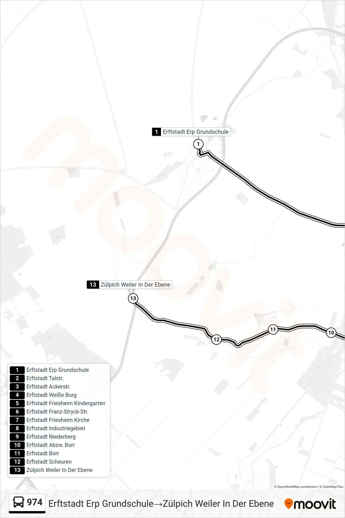Linie 974 (Bus) Richtung Erftstadt Erp Grundschule‎→Zülpich Weiler In Der Ebene: Route und Haltestellen auf der Karte