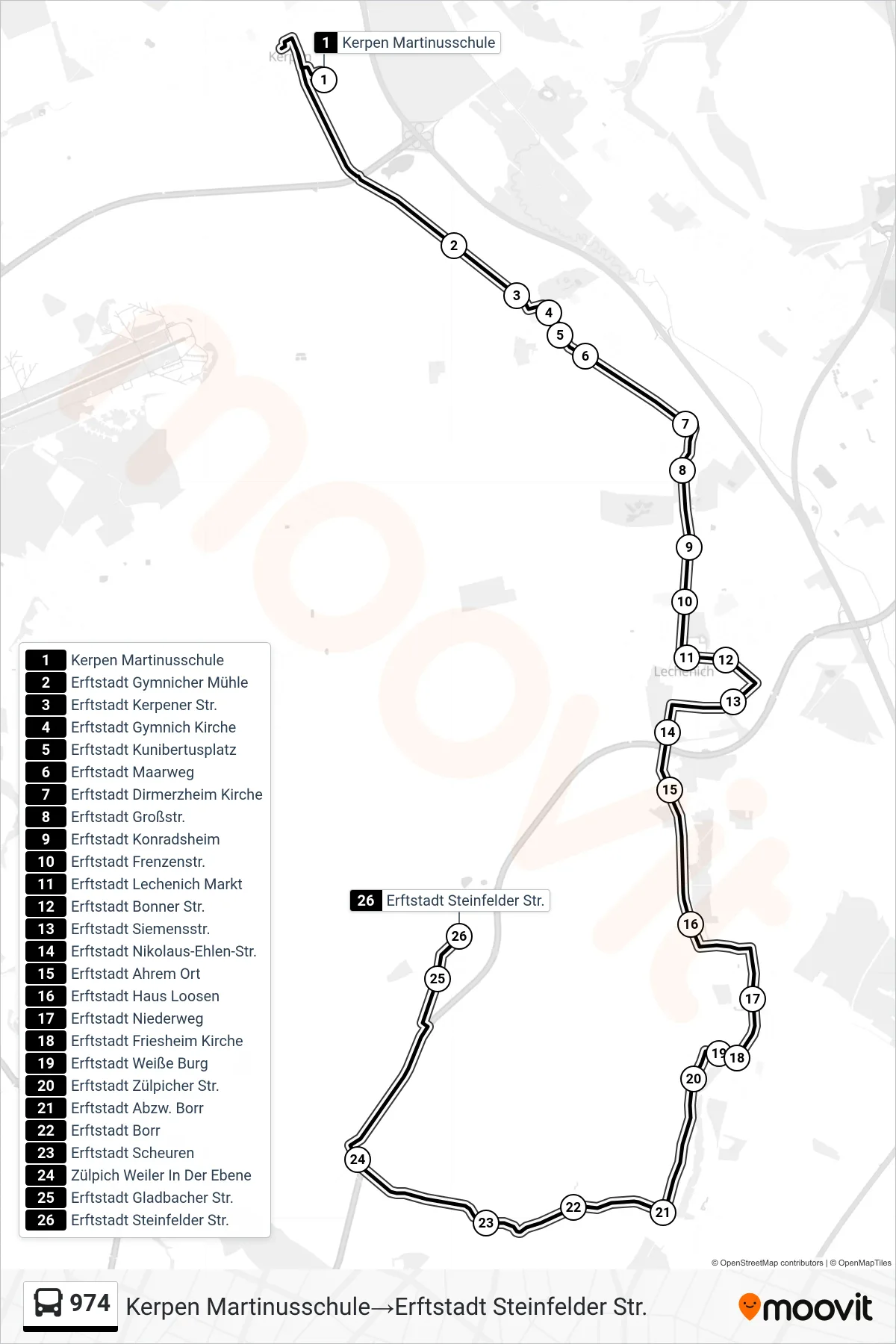 974 bus Line (Kerpen Martinusschule‎→Erftstadt Steinfelder Str.) route and stops on a map