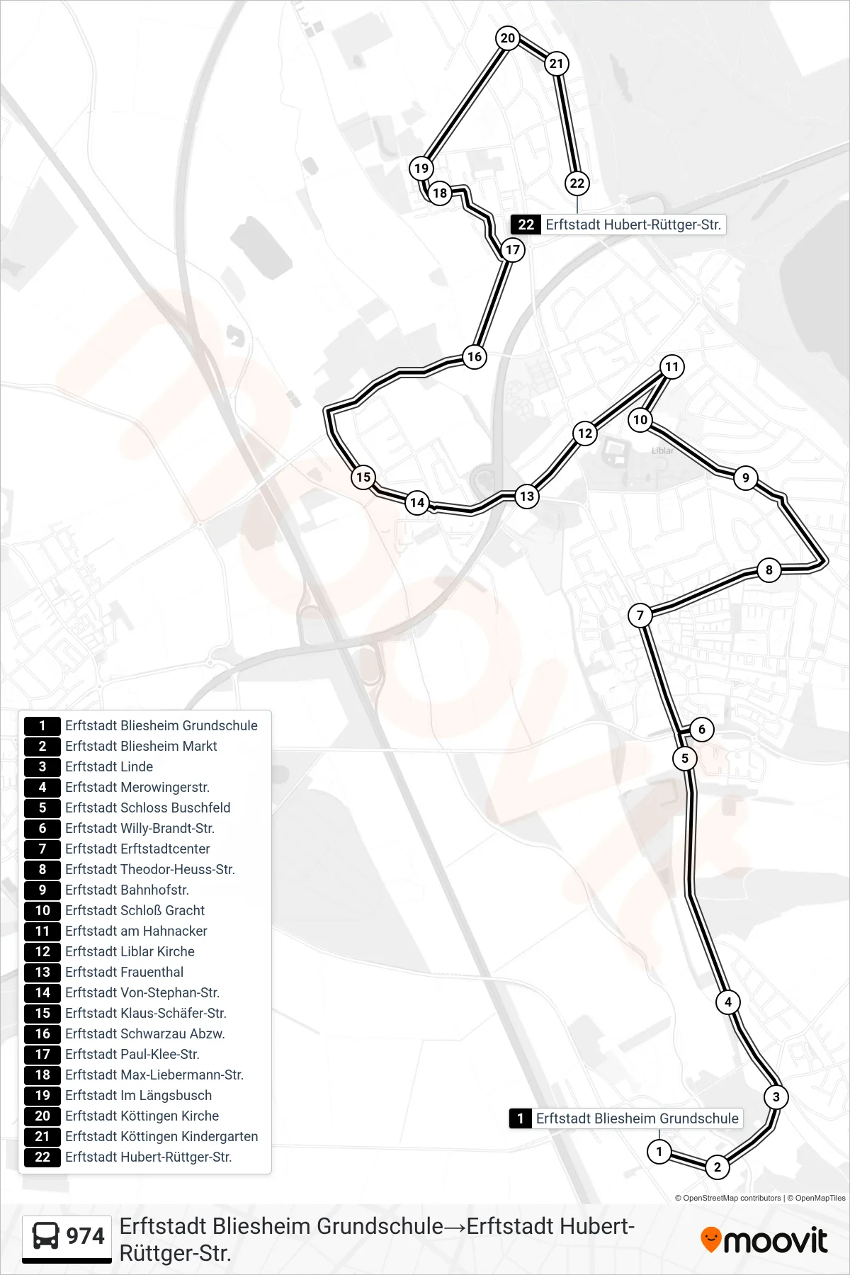 Linie 974 (Bus) Richtung Erftstadt Bliesheim Grundschule→Erftstadt Hubert-Rüttger-Str.: Route und Haltestellen auf der Karte