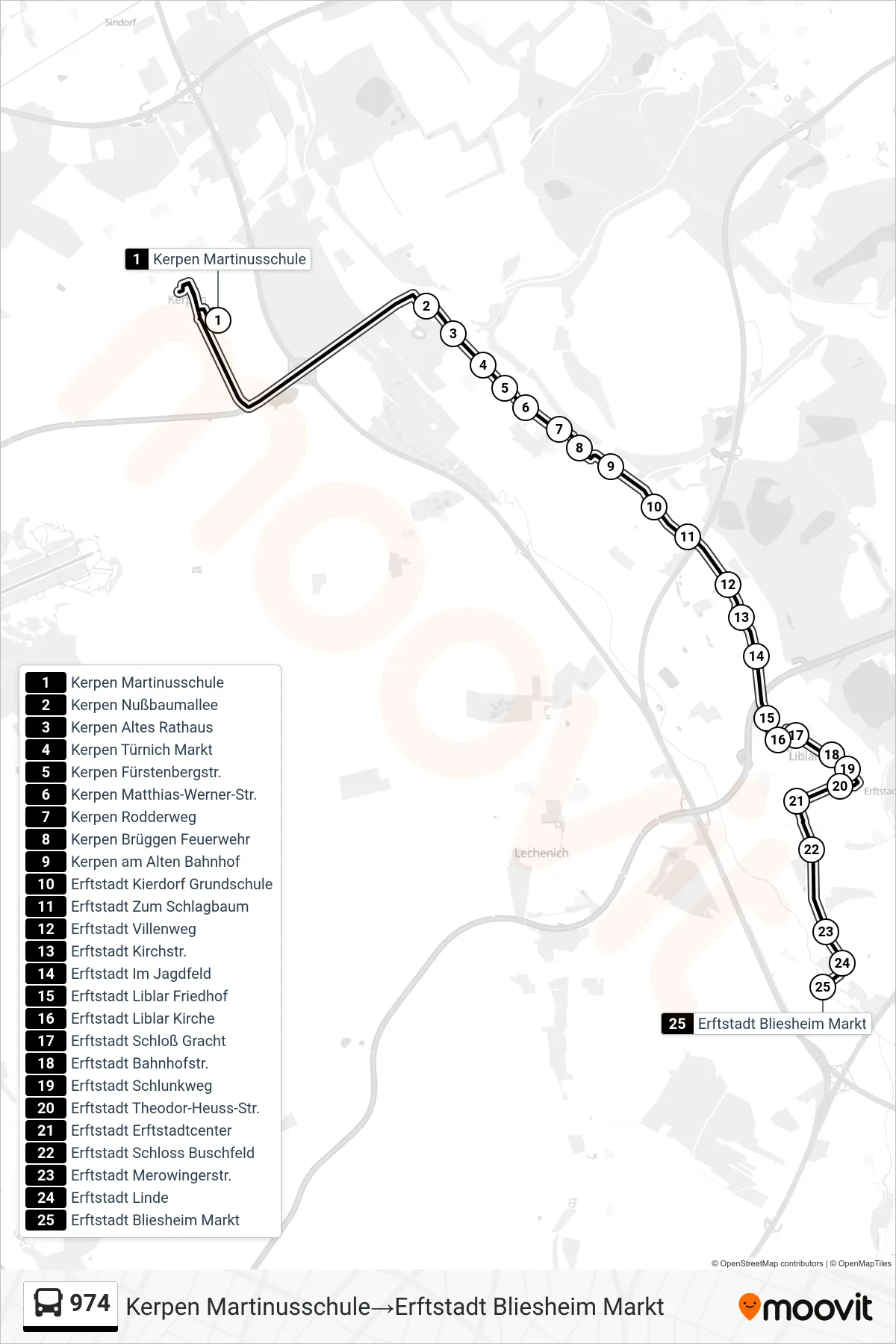 Linie 974 (Bus) Richtung Kerpen Martinusschule→Erftstadt Bliesheim Markt: Route und Haltestellen auf der Karte