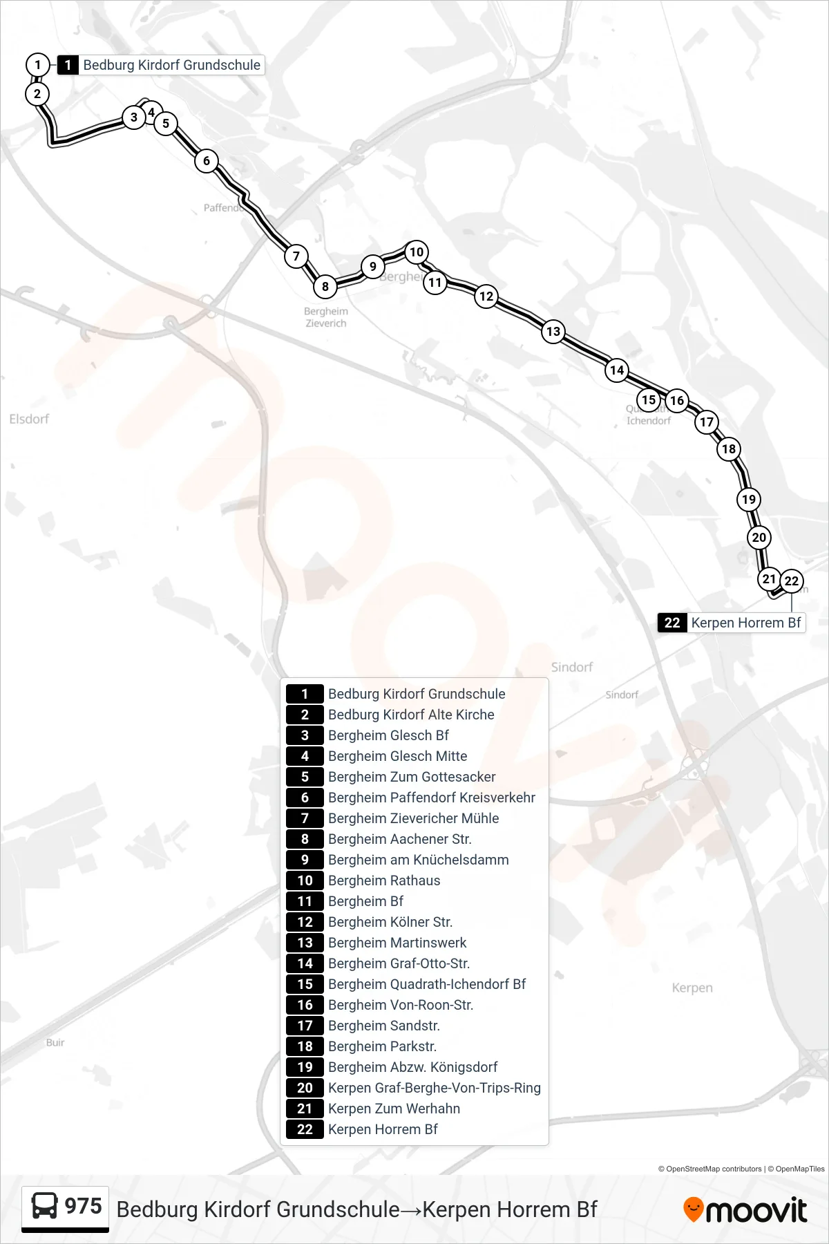 Linie 975 (Bus) Richtung Bedburg Kirdorf Grundschule→Kerpen Horrem Bf: Route und Haltestellen auf der Karte