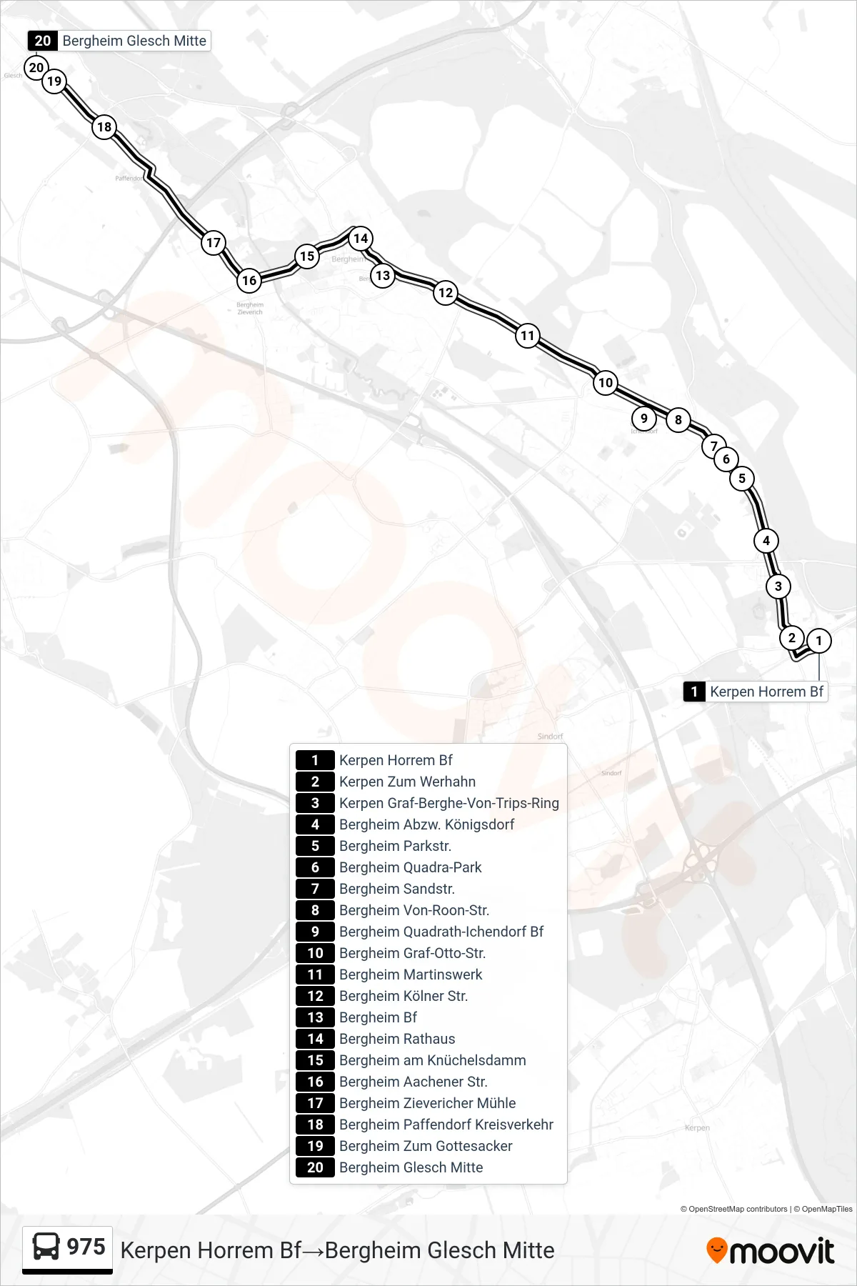 Linie 975 (Bus) Richtung Kerpen Horrem Bf‎→Bergheim Glesch Mitte: Route und Haltestellen auf der Karte