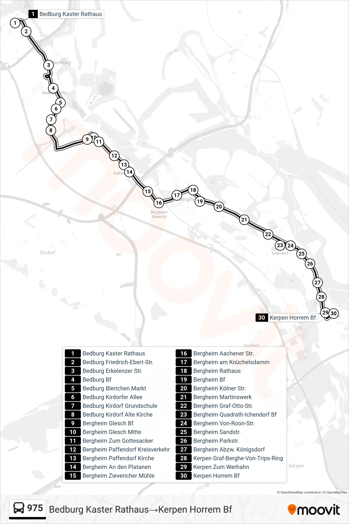 Linie 975 (Bus) Richtung Bedburg Kaster Rathaus→Kerpen Horrem Bf: Route und Haltestellen auf der Karte