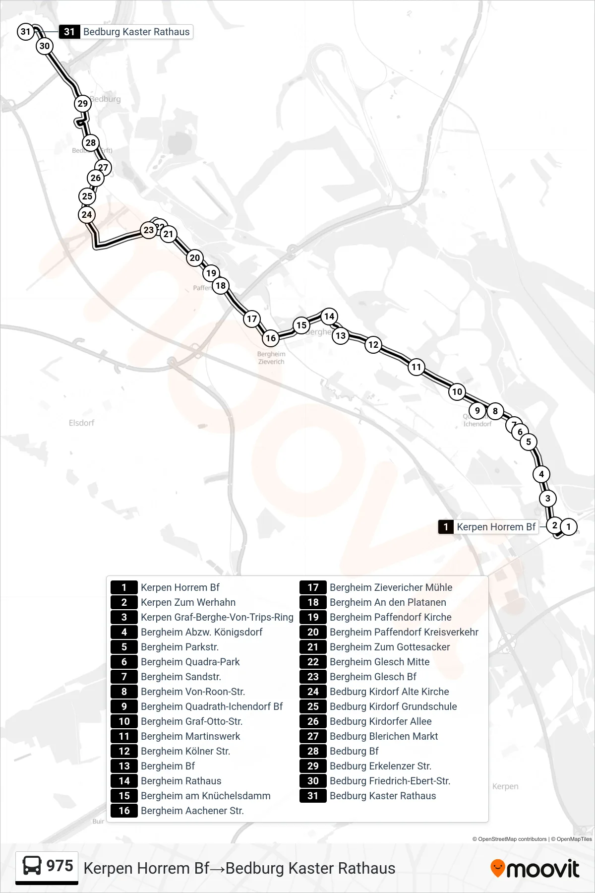 Linie 975 (Bus) Richtung Kerpen Horrem Bf‎→Bedburg Kaster Rathaus: Route und Haltestellen auf der Karte