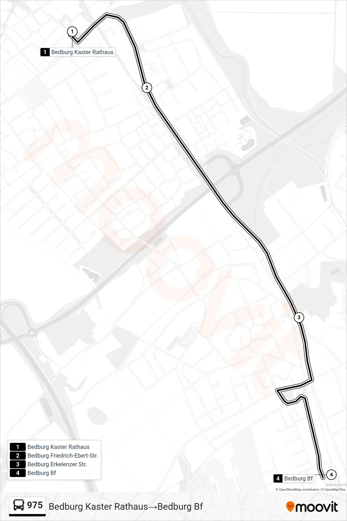 Linie 975 (Bus) Richtung Bedburg Kaster Rathaus‎→Bedburg Bf: Route und Haltestellen auf der Karte