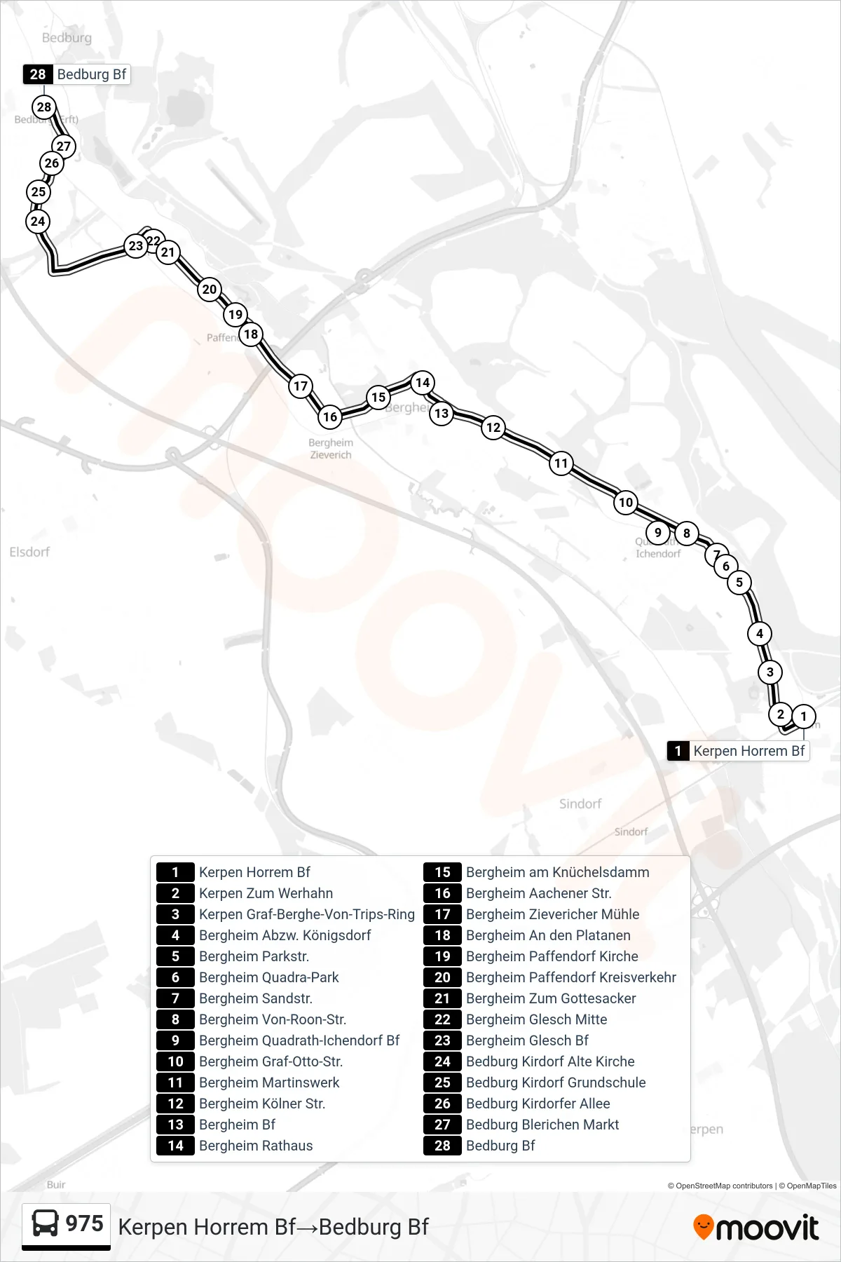 Linie 975 (Bus) Richtung Kerpen Horrem Bf→Bedburg Bf: Route und Haltestellen auf der Karte