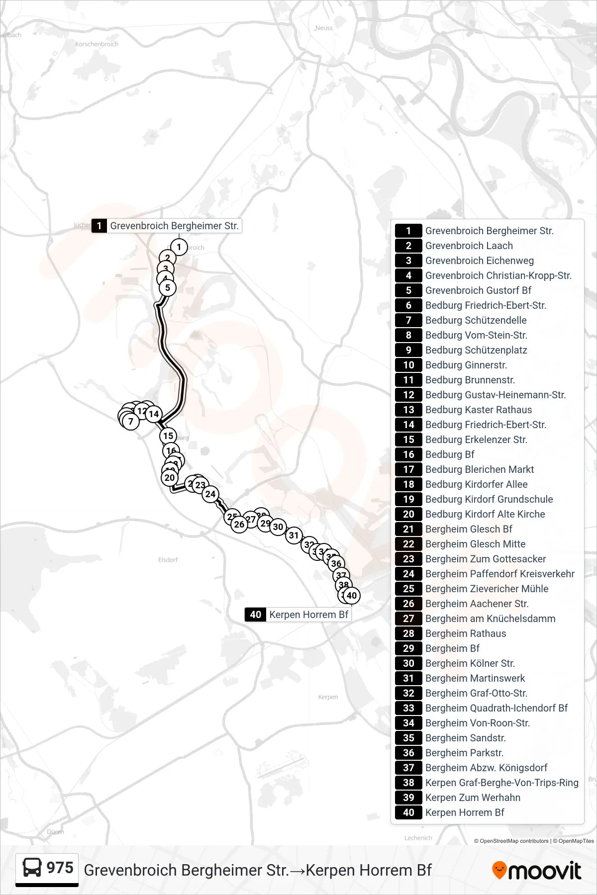 Linie 975 (Bus) Richtung Grevenbroich Bergheimer Str.→Kerpen Horrem Bf: Route und Haltestellen auf der Karte