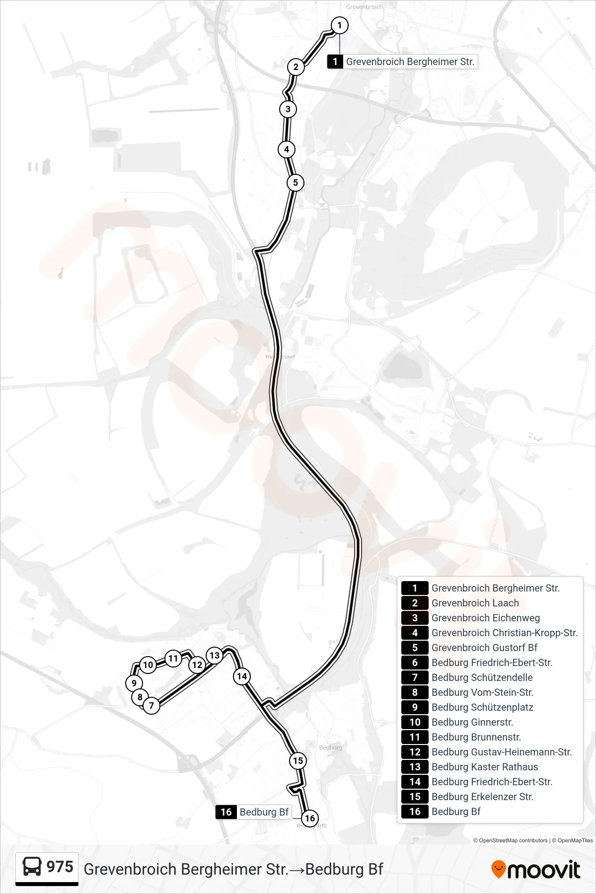 Linie 975 (Bus) Richtung Grevenbroich Bergheimer Str.→Bedburg Bf: Route und Haltestellen auf der Karte