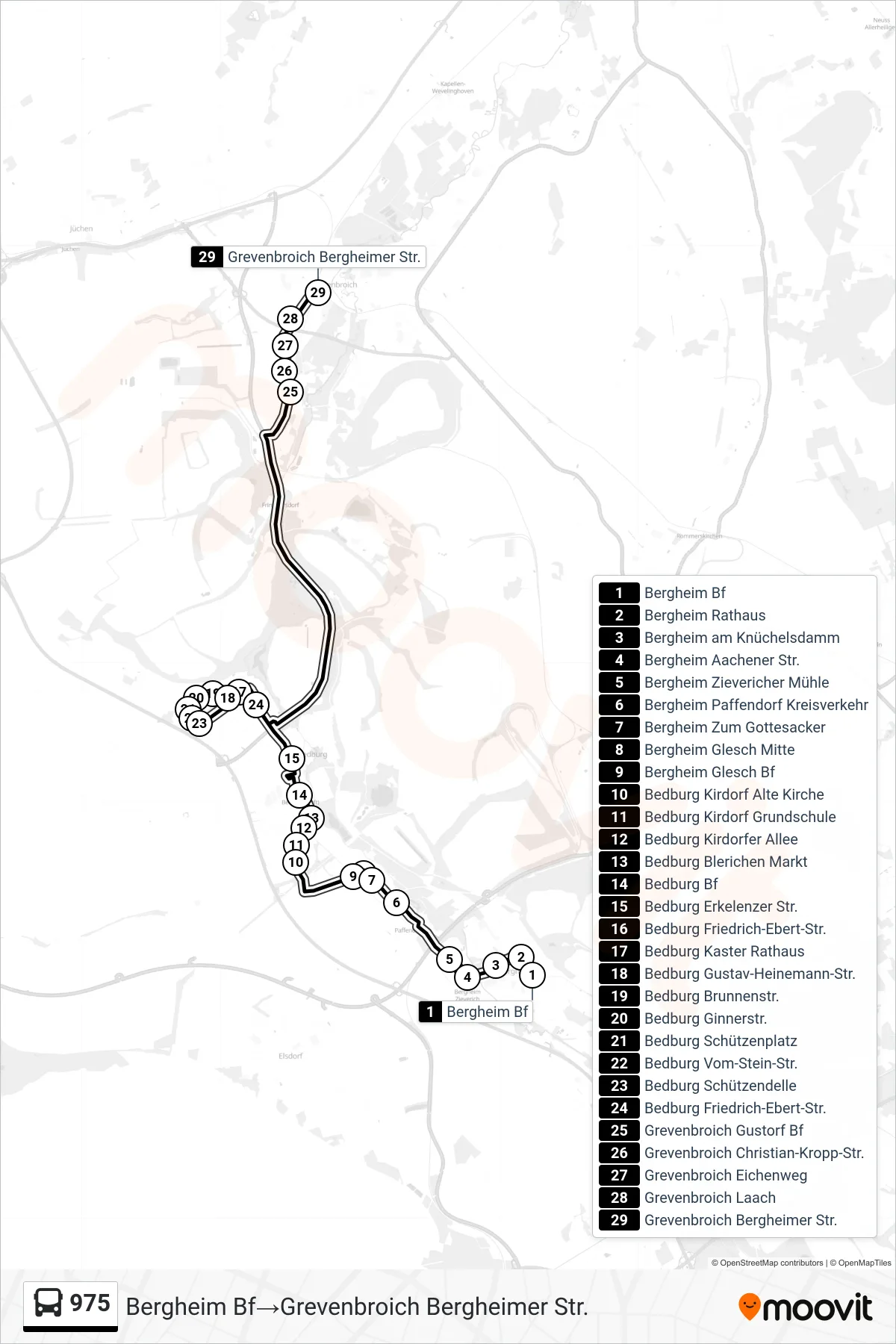 Linie 975 (Bus) Richtung Bergheim Bf→Grevenbroich Bergheimer Str.: Route und Haltestellen auf der Karte
