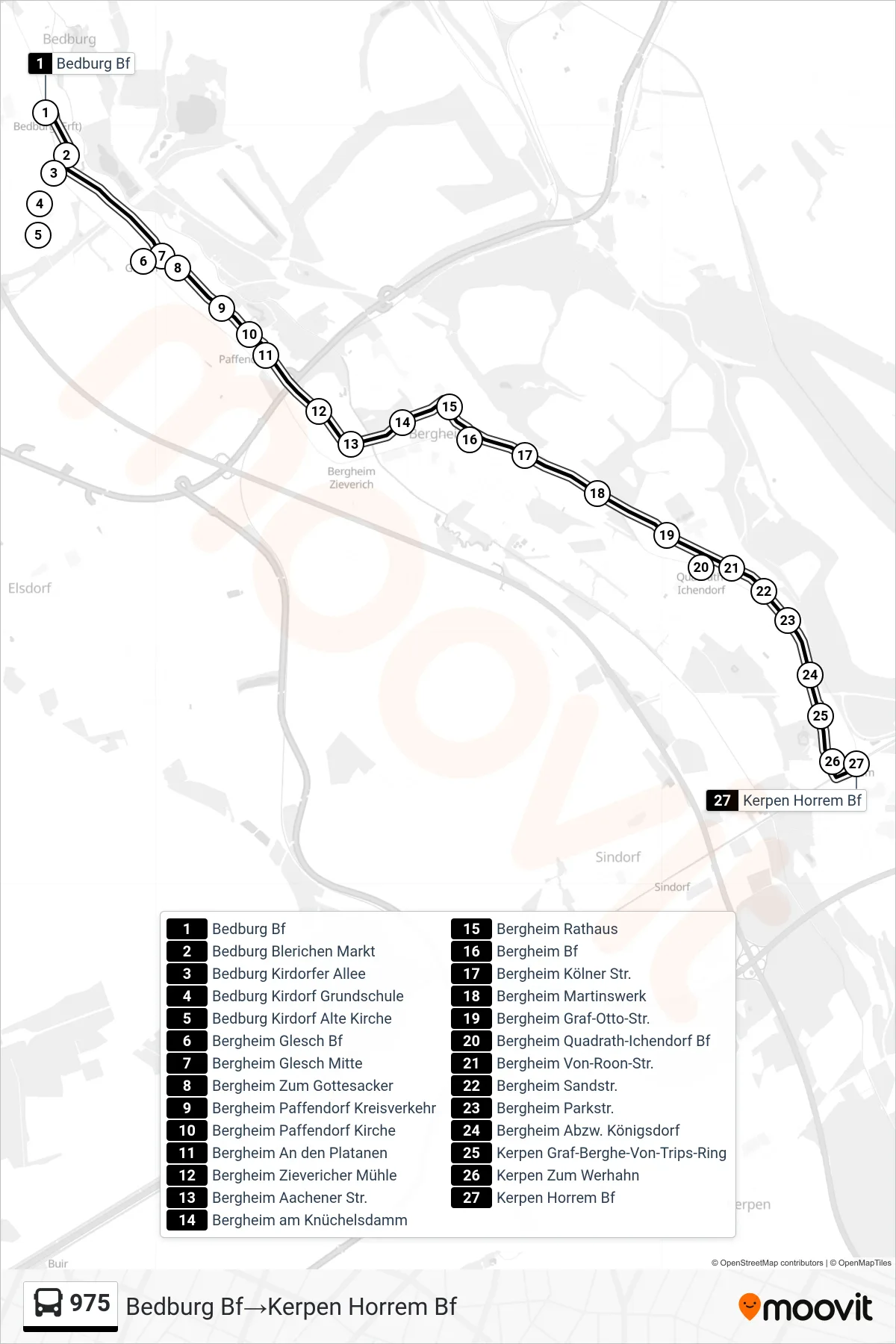 Linie 975 (Bus) Richtung Bedburg Bf→Kerpen Horrem Bf: Route und Haltestellen auf der Karte