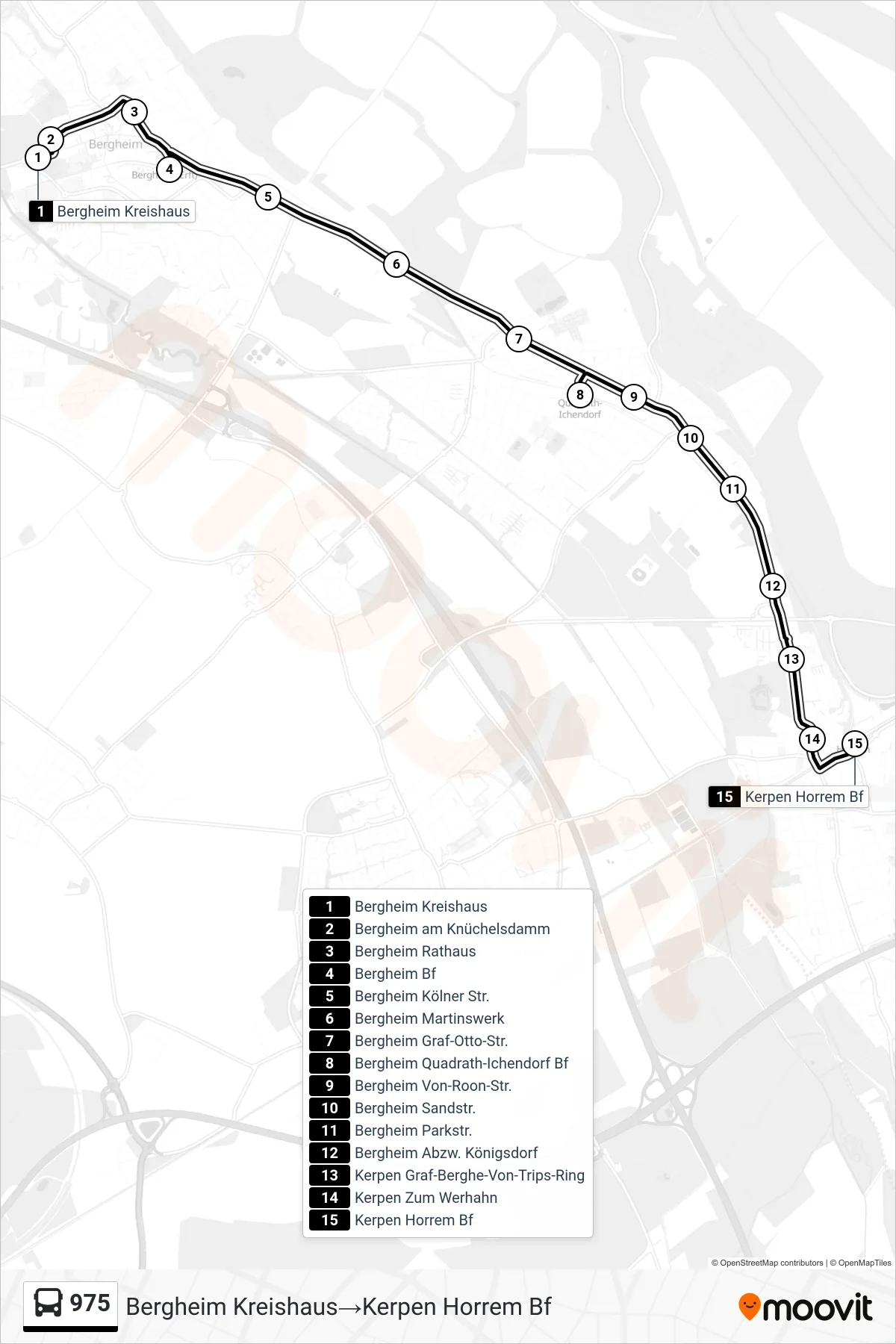 Linie 975 (Bus) Richtung Bergheim Kreishaus→Kerpen Horrem Bf: Route und Haltestellen auf der Karte