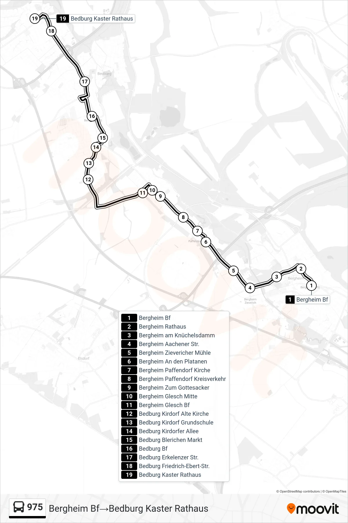975 bus Line (Bergheim Bf→Bedburg Kaster Rathaus) route and stops on a map