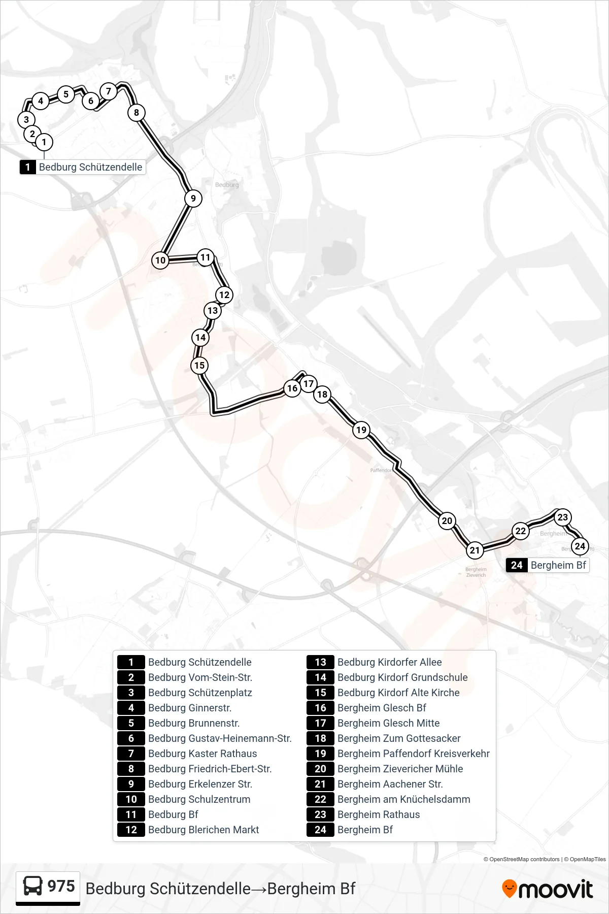 Linie 975 (Bus) Richtung Bedburg Schützendelle‎→Bergheim Bf: Route und Haltestellen auf der Karte