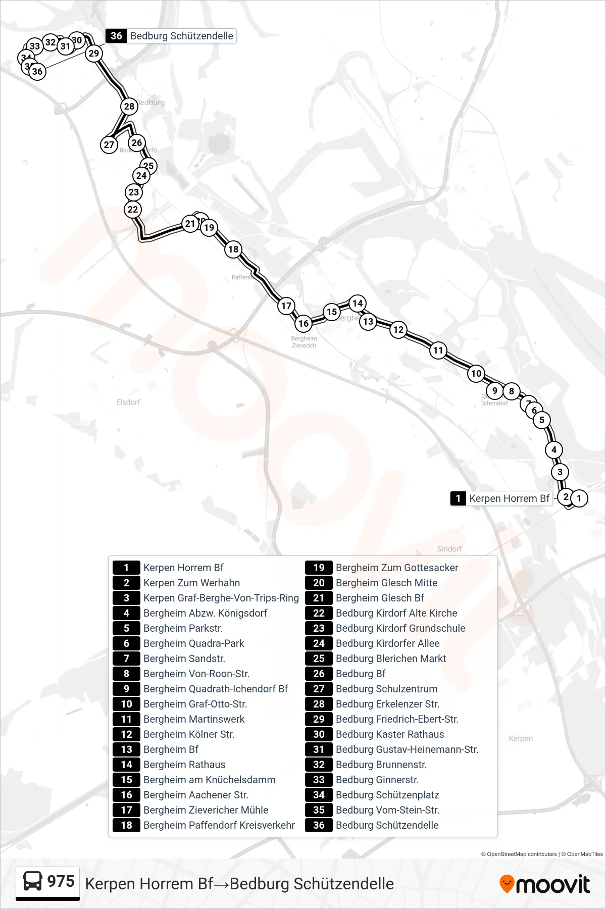 Linie 975 (Bus) Richtung Kerpen Horrem Bf→Bedburg Schützendelle: Route und Haltestellen auf der Karte