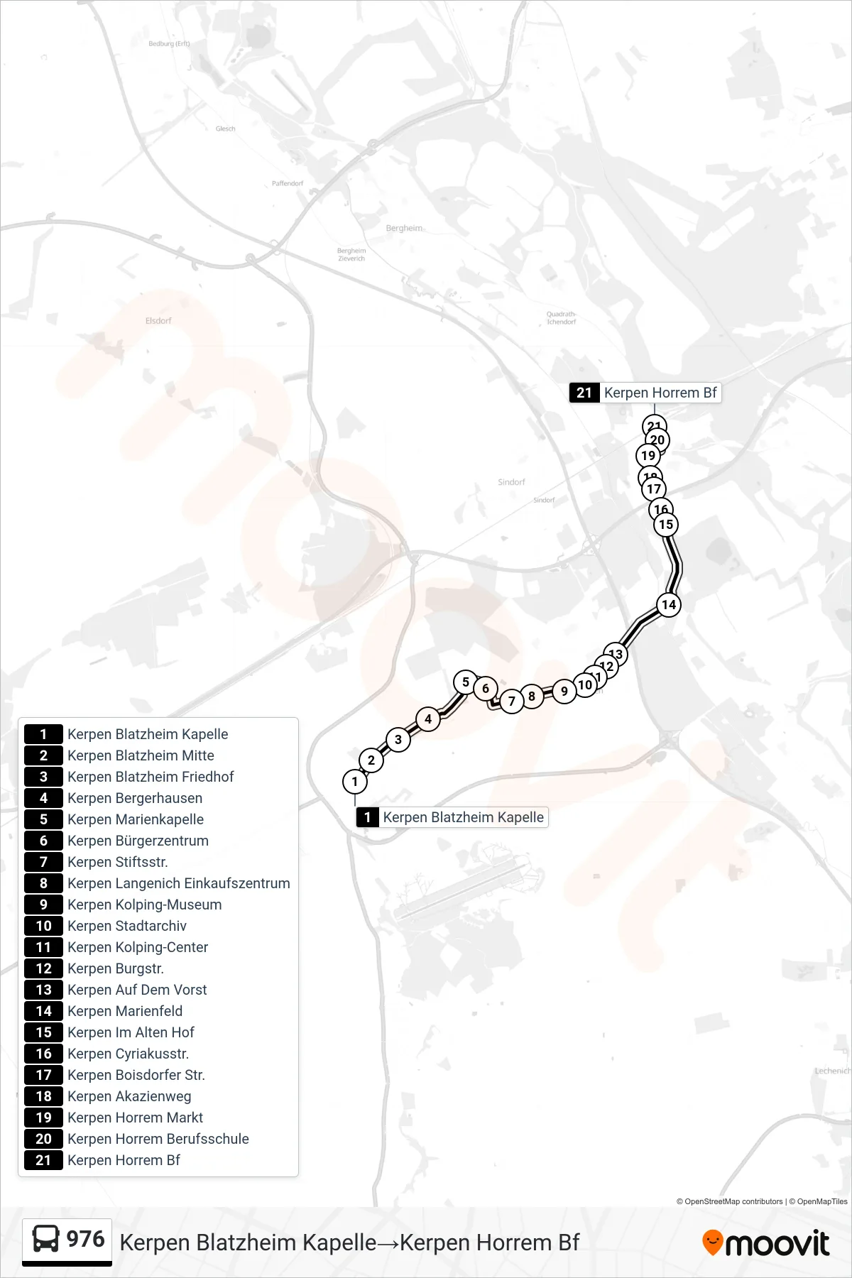 Linie 976 (Bus) Richtung Kerpen Blatzheim Kapelle‎→Kerpen Horrem Bf: Route und Haltestellen auf der Karte