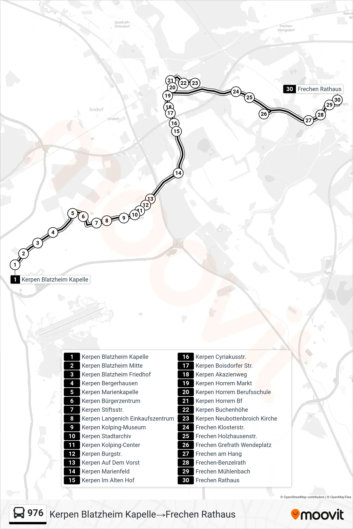 976 bus Line (Kerpen Blatzheim Kapelle→Frechen Rathaus) route and stops on a map