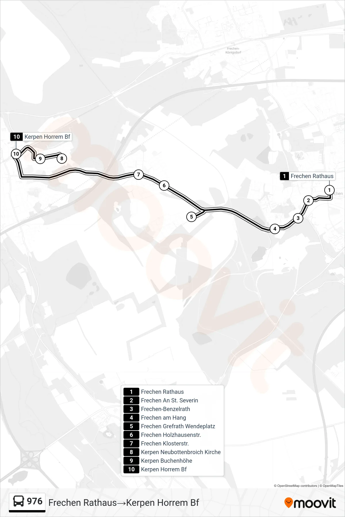 Linie 976 (Bus) Richtung Frechen Rathaus‎→Kerpen Horrem Bf: Route und Haltestellen auf der Karte