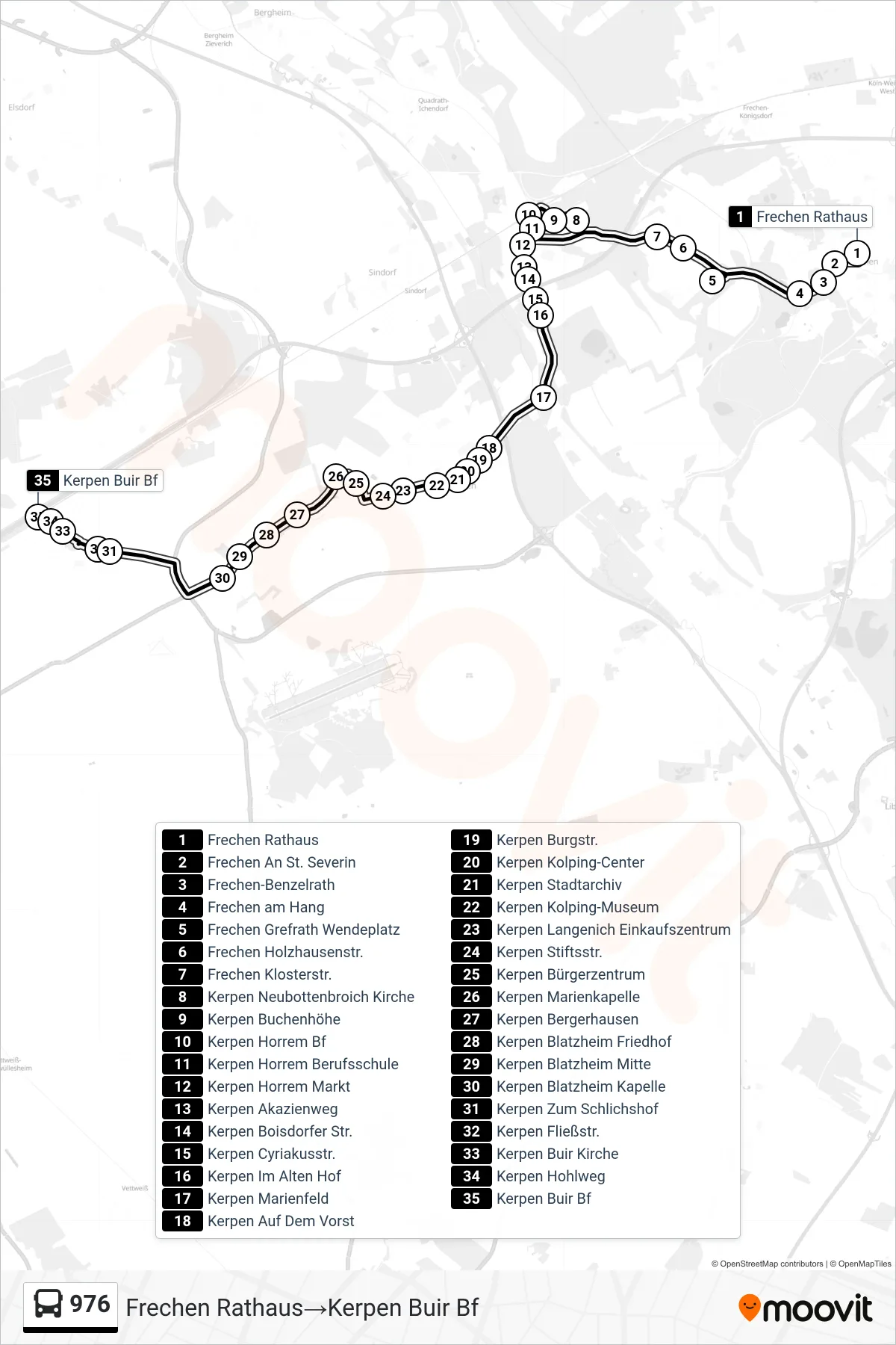 Linie 976 (Bus) Richtung Frechen Rathaus‎→Kerpen Buir Bf: Route und Haltestellen auf der Karte