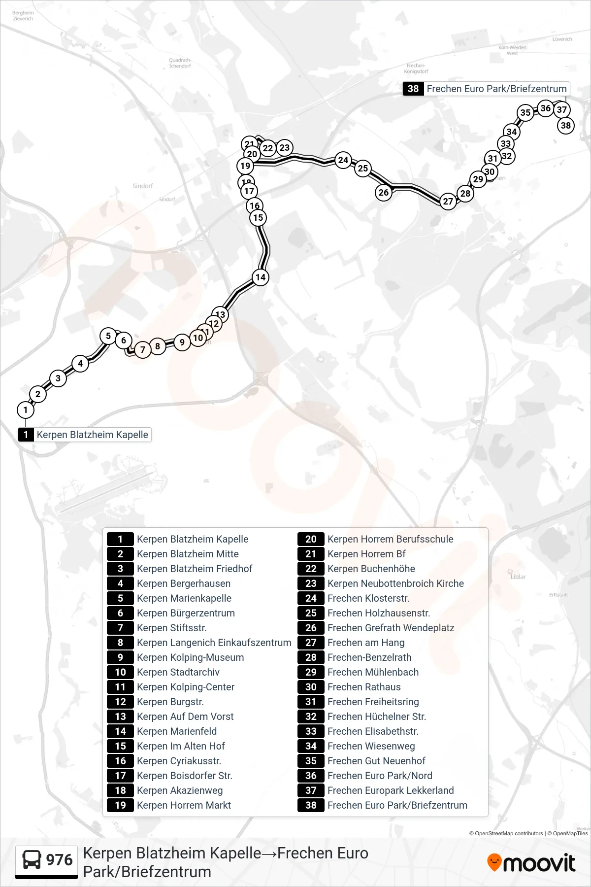 Linie 976 (Bus) Richtung Kerpen Blatzheim Kapelle‎→Frechen Euro Park/Briefzentrum: Route und Haltestellen auf der Karte