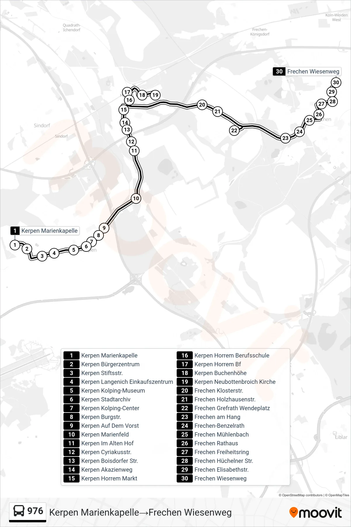 976 bus Line (Kerpen Marienkapelle→Frechen Wiesenweg) route and stops on a map